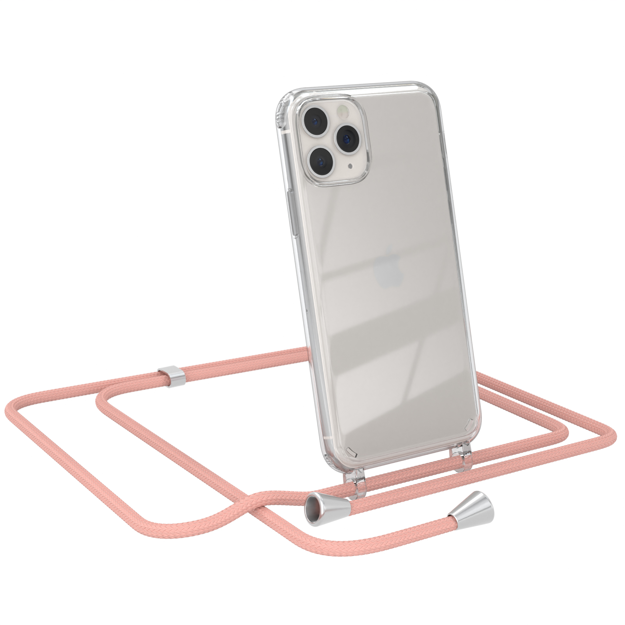 Telefon in klarer Hülle mit pinkfarbenem Umhängeband. Apple-Logo sichtbar.