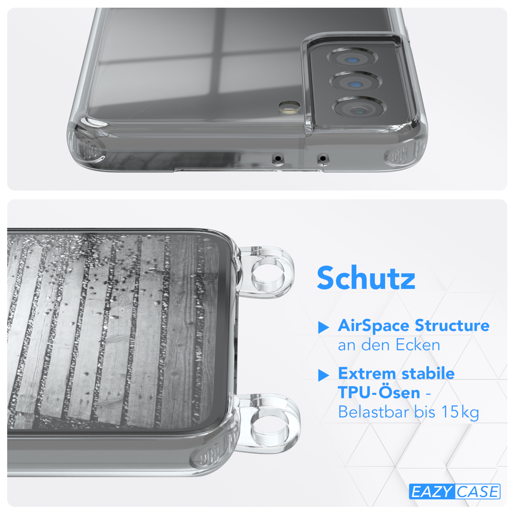 Nahaufnahme einer transparenten Handyhülle. Zeigt Kanten und ein Holzdesign im Inneren.