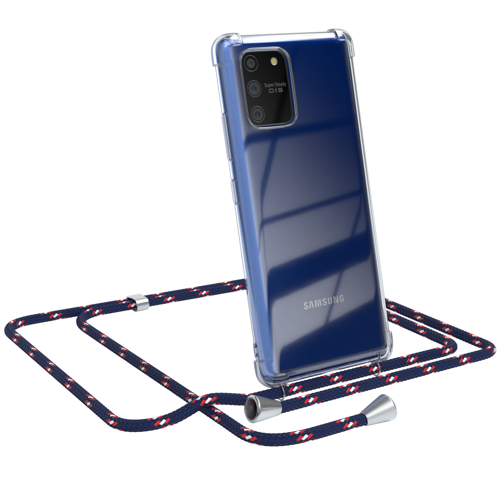 Ein Samsung-Telefon in einer transparenten Hülle mit einem marinefarbenen, roten und weißen Lanyard.