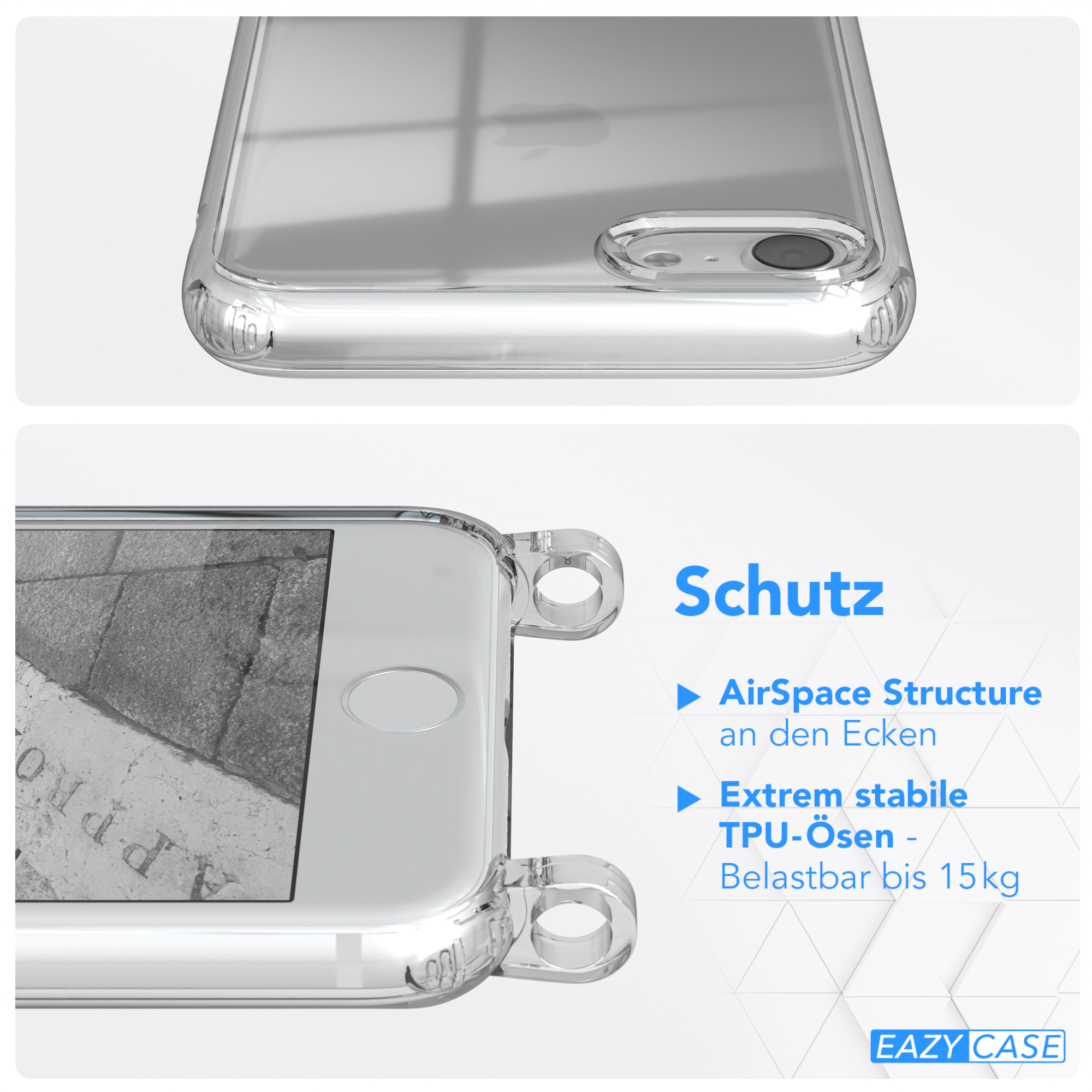 Detail einer transparenten Handyhülle, die Seiten und den Boden zeigend.