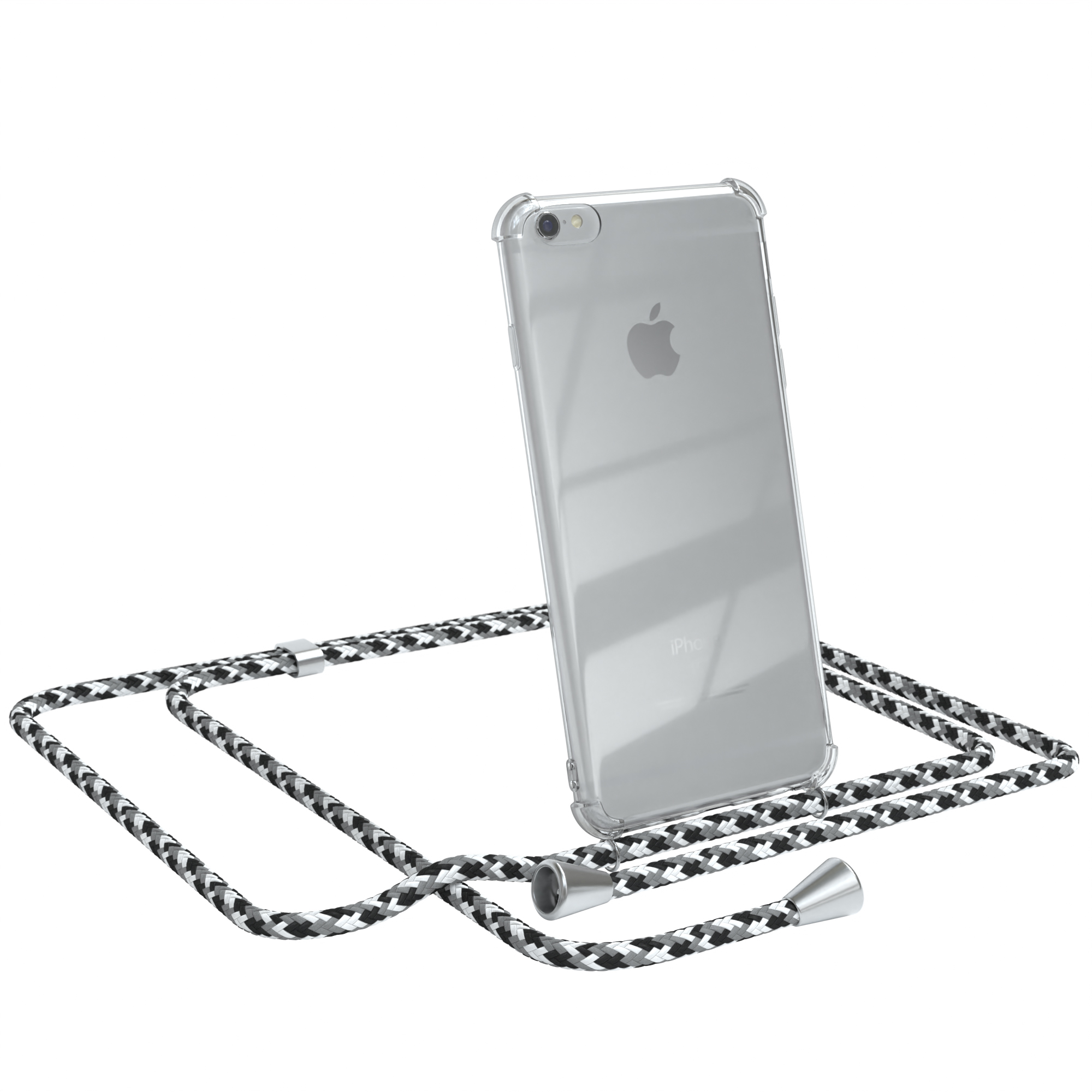 iPhone in klarer Hülle mit schwarz/weißem Lanyard. Weißer Hintergrund.