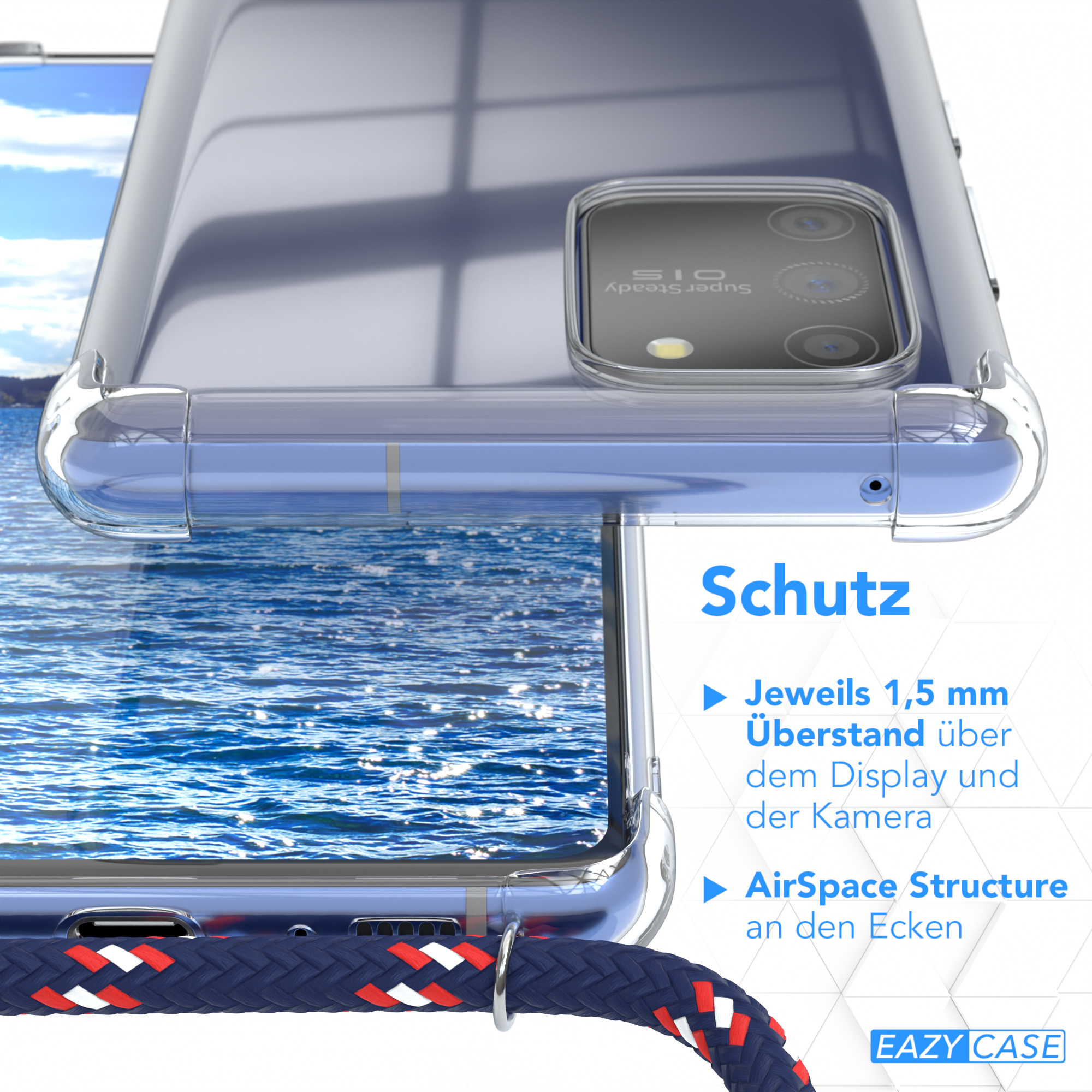 Nahaufnahme Telefon in Hülle mit blauem und rotem Kabel, Wasserhintergrund. Text über Schutz und Funktionen.