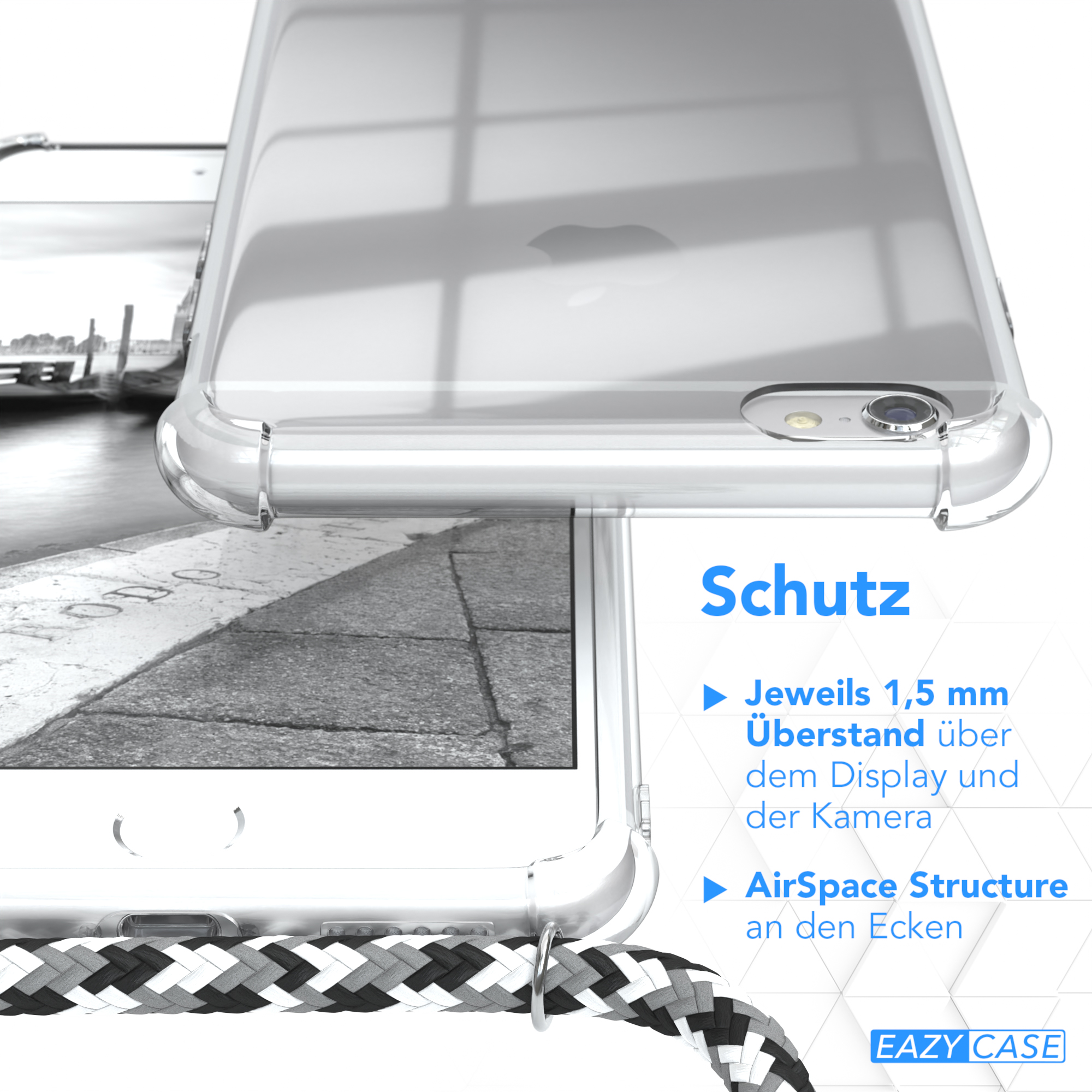 Nahaufnahme einer Handyhülle mit Telefon. Text: 'Schutz'. Merkmale der Hülle werden hervorgehoben.