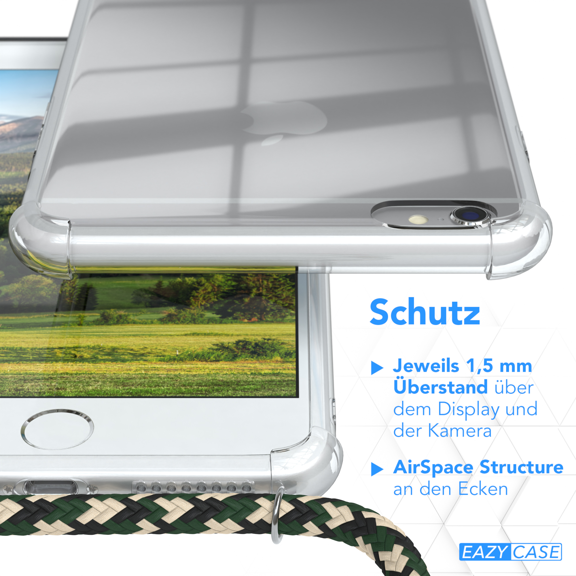 Nahaufnahme einer Handyhülle, Text beschreibt Funktionen. Die Hülle ist klar, das Telefon ist sichtbar.