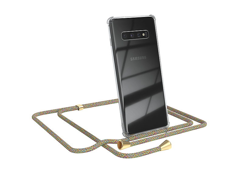EAZY CASE Clear Cover mit Umhängeband, Umhängetasche, Samsung, Galaxy S10 Plus, Bunt / Clips Gold