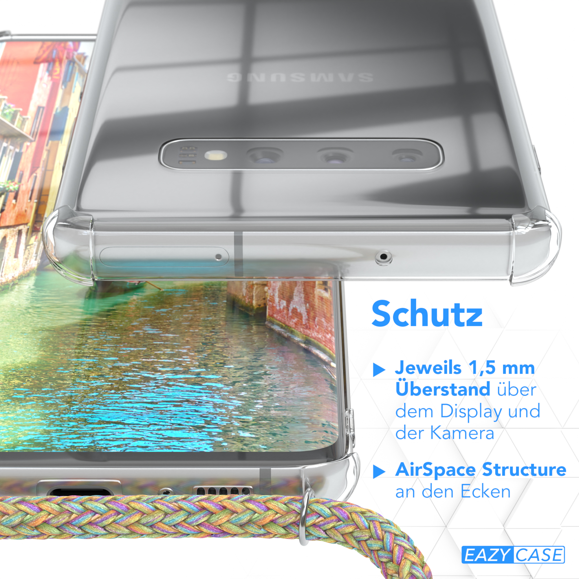 Nahaufnahme einer Handyhülle mit buntem Gurt, Text auf dem Telefon und am Rand.