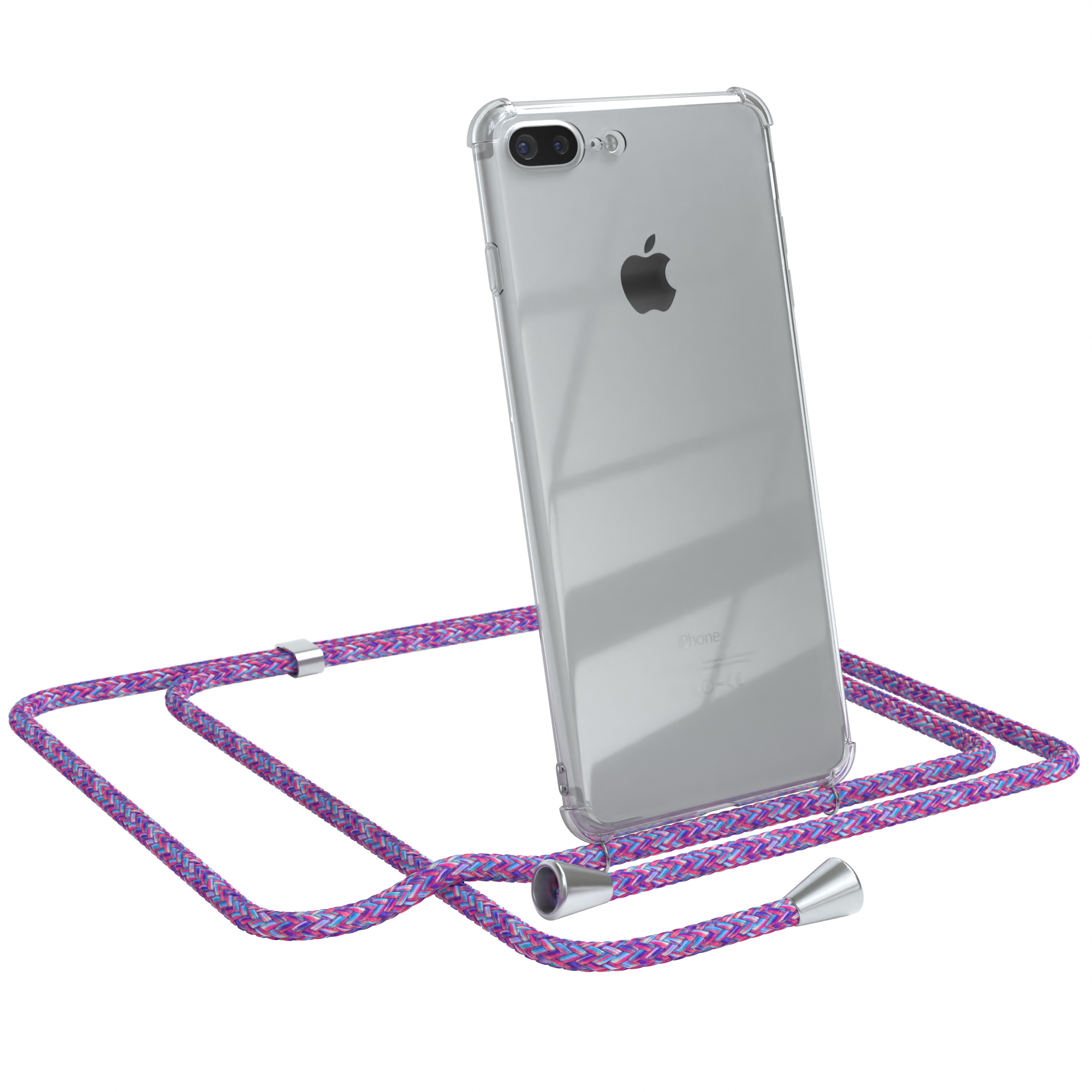 Transparente Handyhülle mit lila Band. Ein Apple-Logo ist sichtbar.