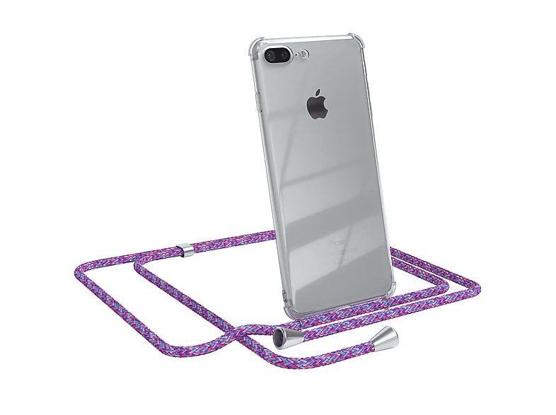 EAZY CASE Clear Cover mit Umhängeband, Umhängetasche, Apple, iPhone 8 Plus / 7 Plus, Lila / Clips Silber