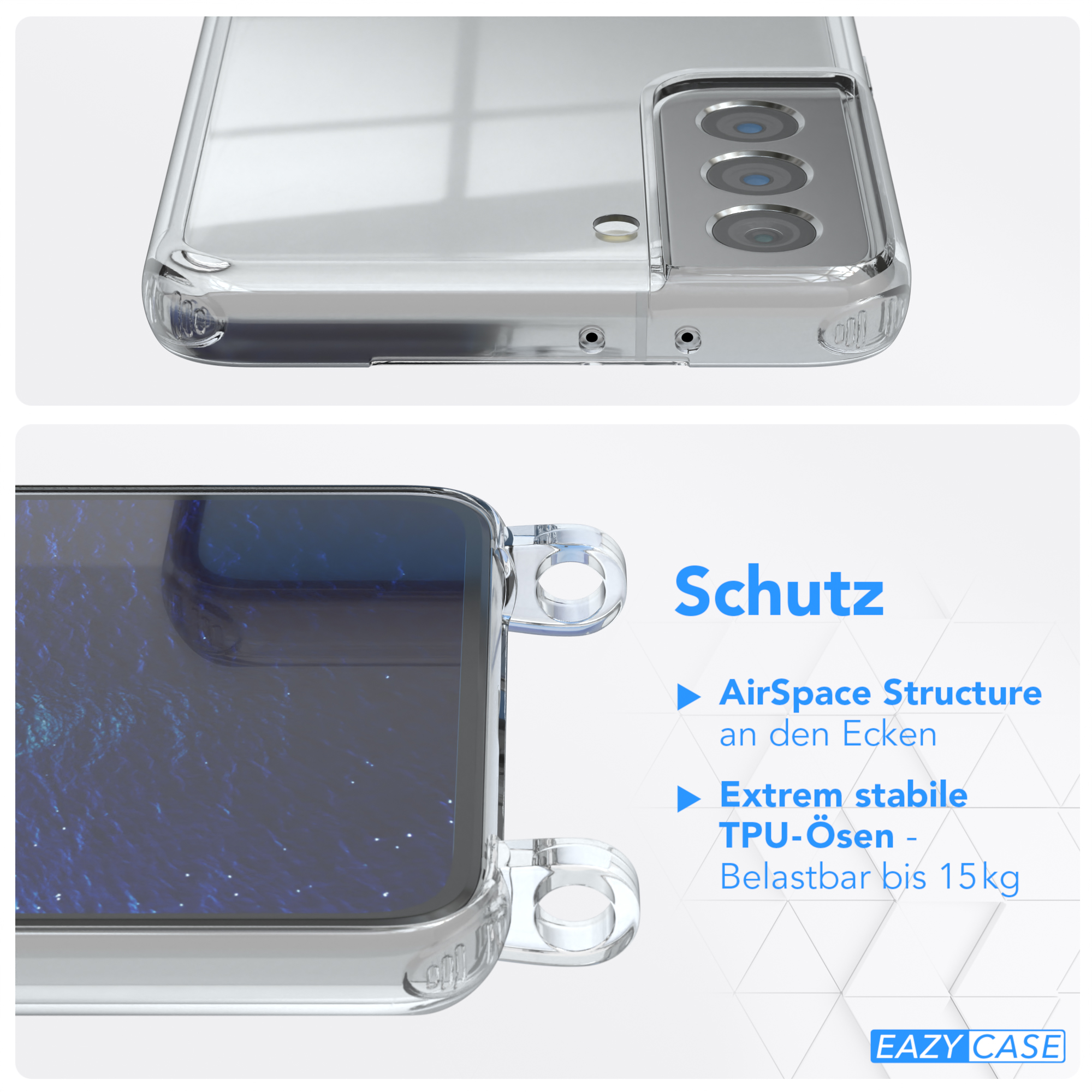 Transparente Handyhülle mit Telefon darin. Text sagt 'Schutz', 'AirSpace Structure' und 'TPU-Ösen'.