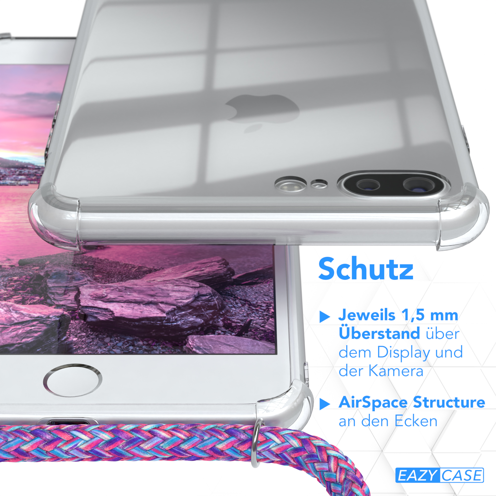 Nahaufnahme von zwei Telefonen in Hüllen, eines mit farbenfrohem Kabel. Text über Schutzfunktionen.