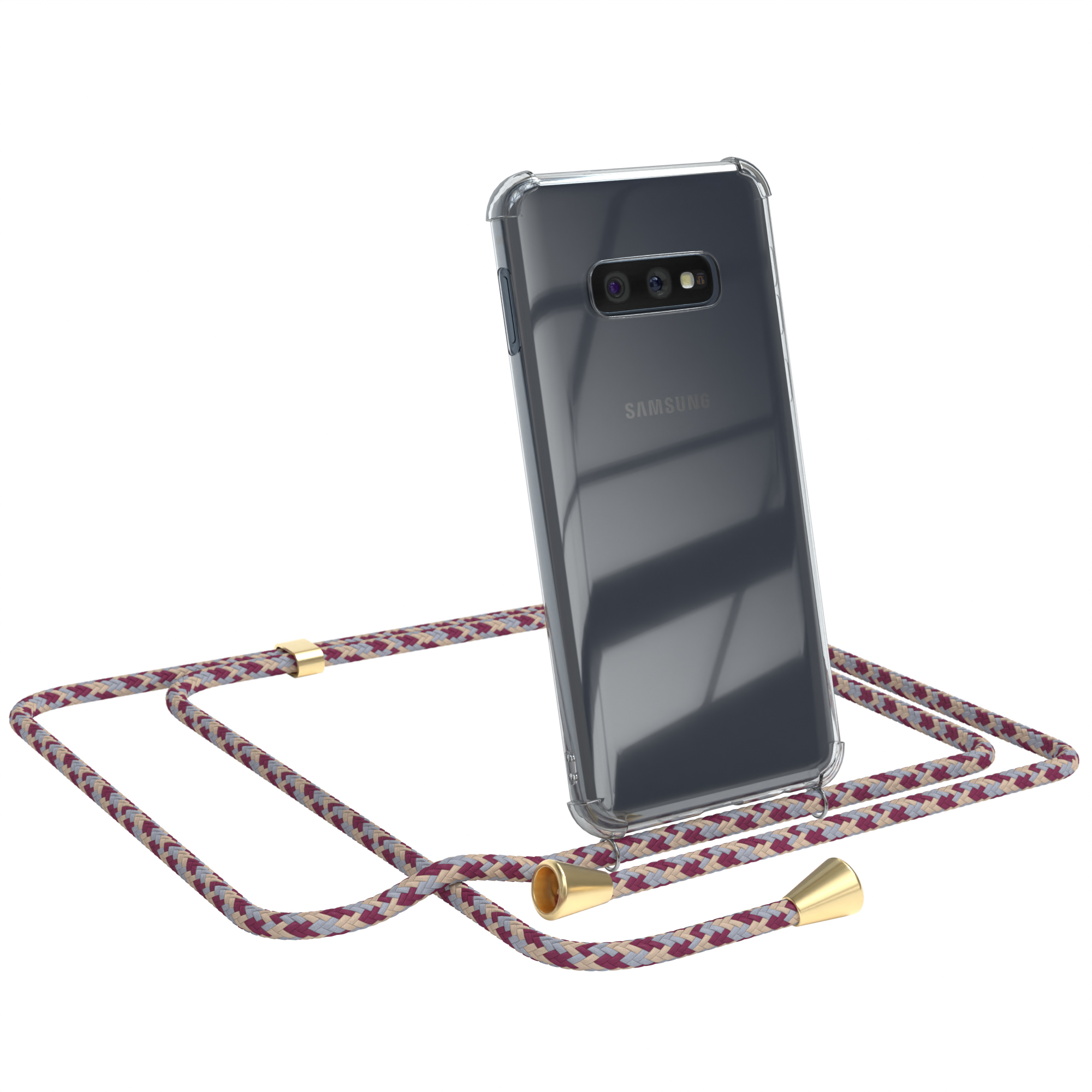 Transparente Handyhülle mit Band. Das Telefon ist geneigt.