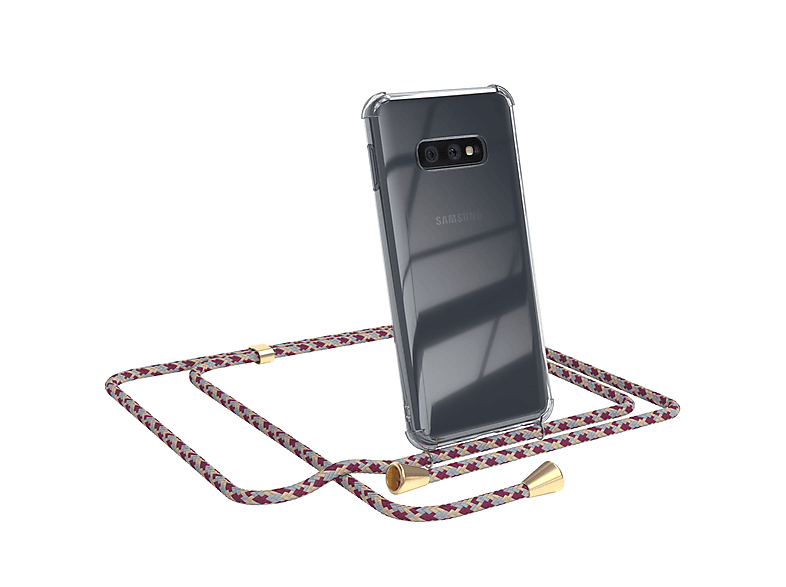 EAZY CASE Clear Cover mit Umhängeband, Umhängetasche, Samsung, Galaxy S10e, Rot Beige Camouflage / Clips Gold