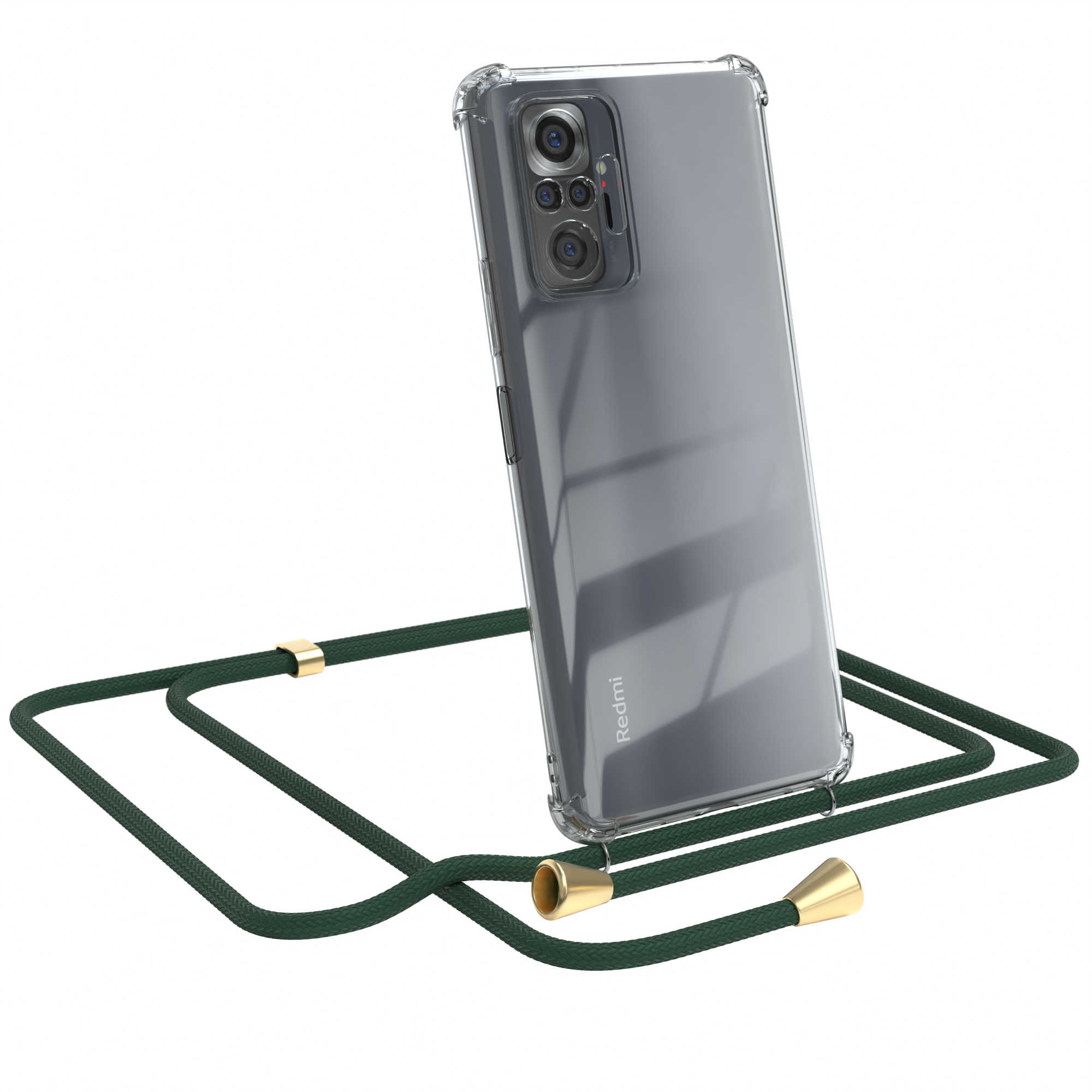 Transparente Handyhülle mit grünem Band. Redmi-Logo sichtbar.