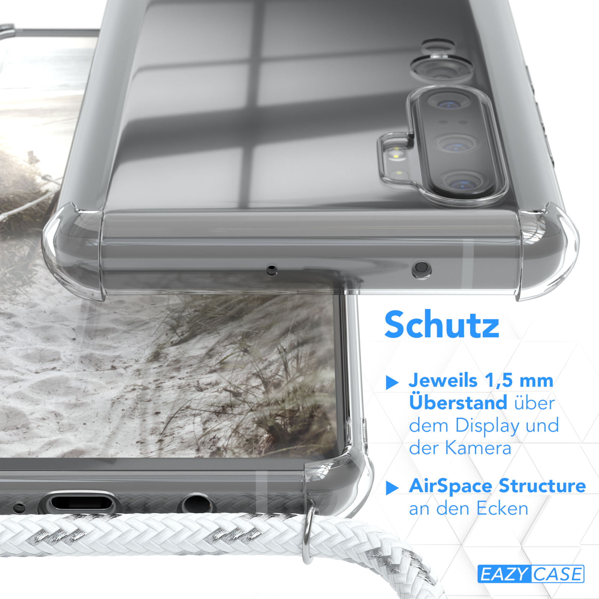 Nahaufnahme einer Handyhülle. Text über Schutzfunktionen: erhöhte Kanten und AirSpace-Struktur.
