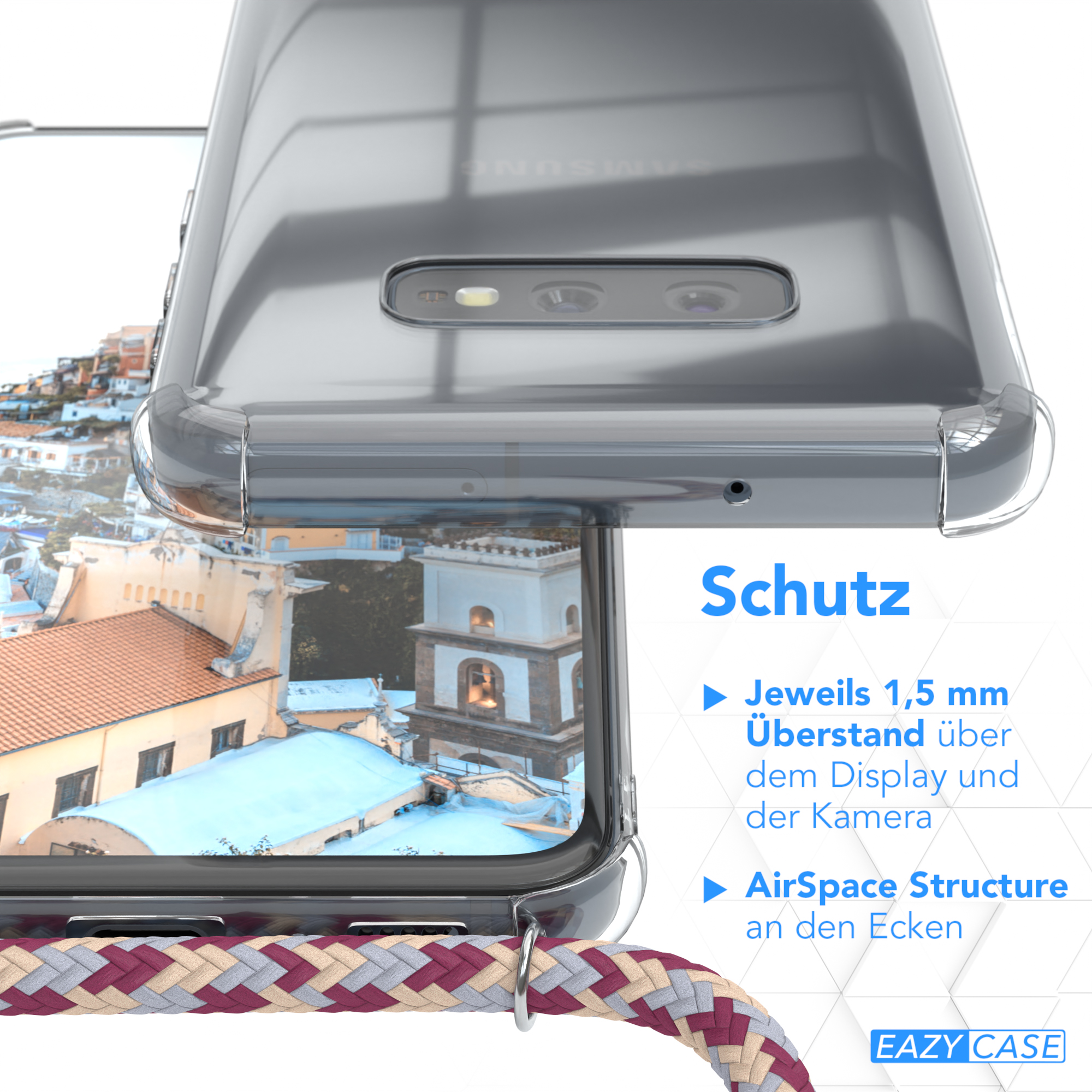 Handyhülle mit weiß-grauem Band. Strandszene mit Accessoires im Hintergrund.