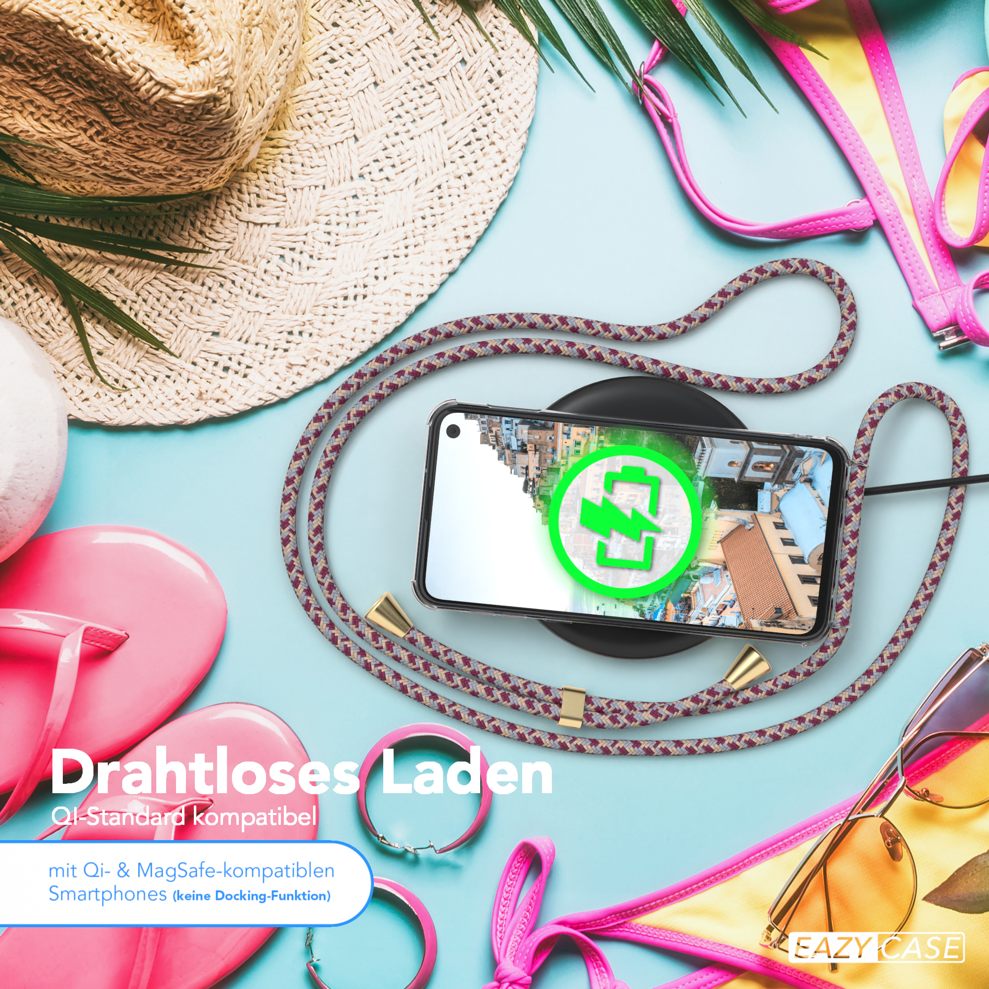 Eine Frau mit einem Telefon auf einem Ladegerät, mit Text: Drahtloses Laden (Kabelloses Laden).