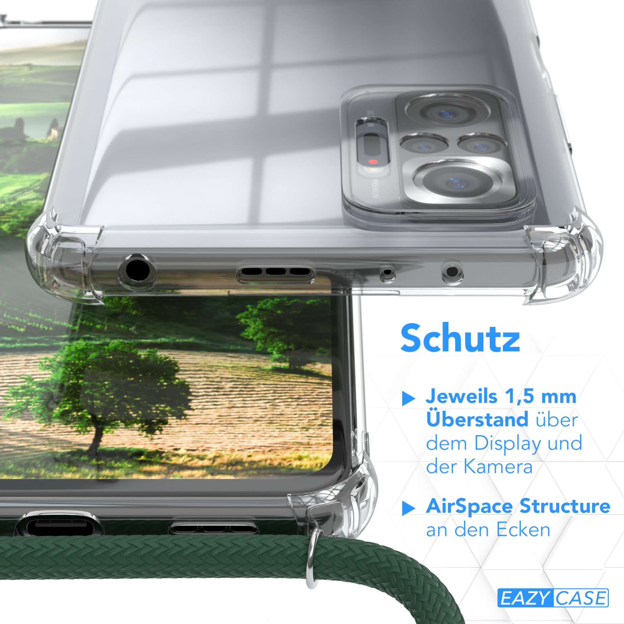 Transparente Handyhülle über einem Telefon. Text über die Schutzfunktionen befindet sich auf der rechten Seite.