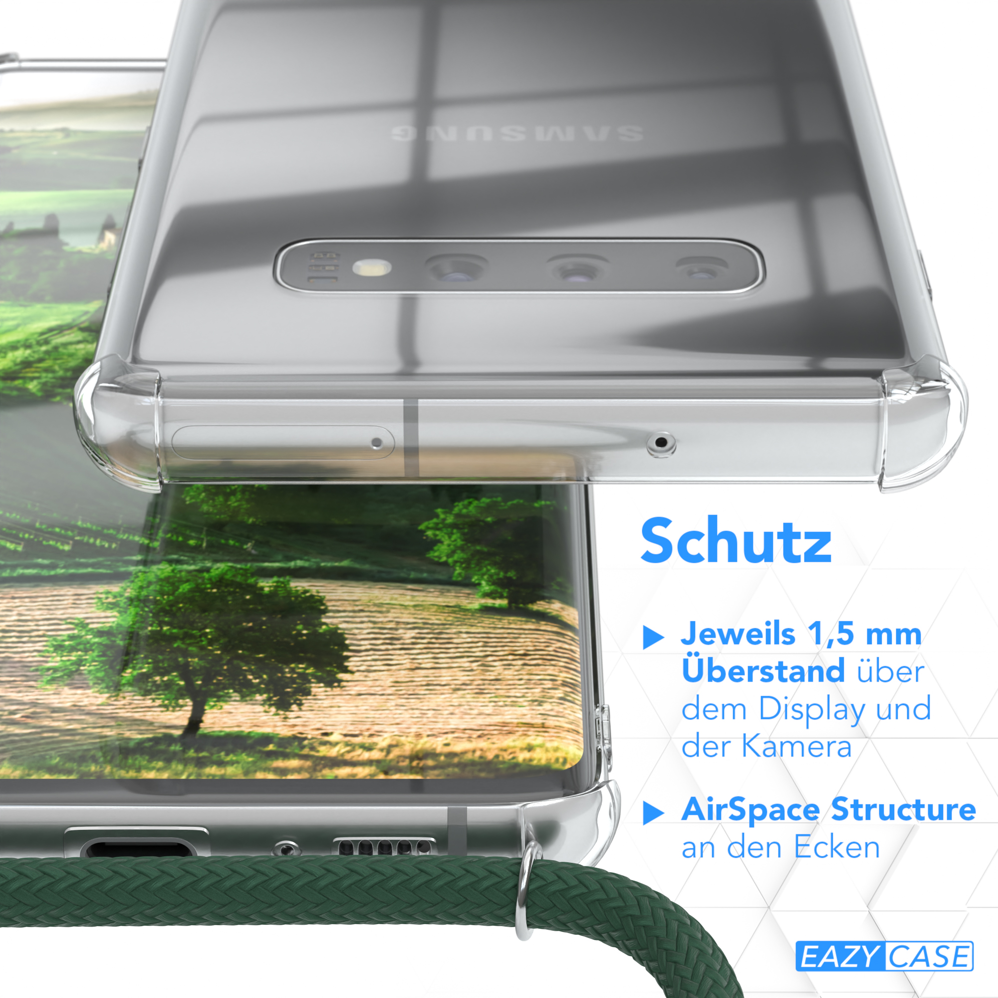 Klare Handyhülle auf einem Samsung-Handy. Grüner Gurt ist befestigt. Text: Schutz.