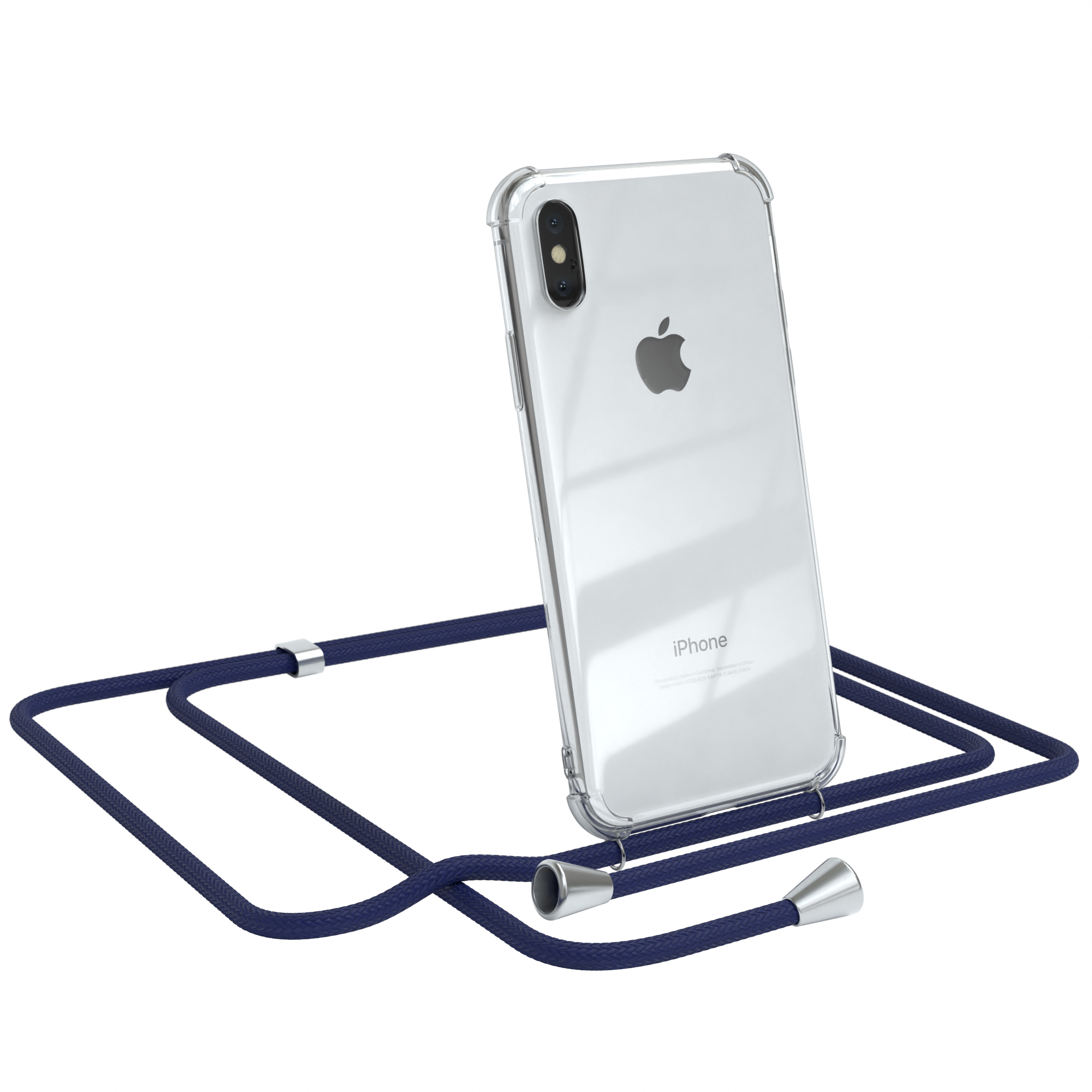 Transparente Handyhülle mit marineblauem Lanyard. Apple-Telefon sichtbar. Weißer Hintergrund.