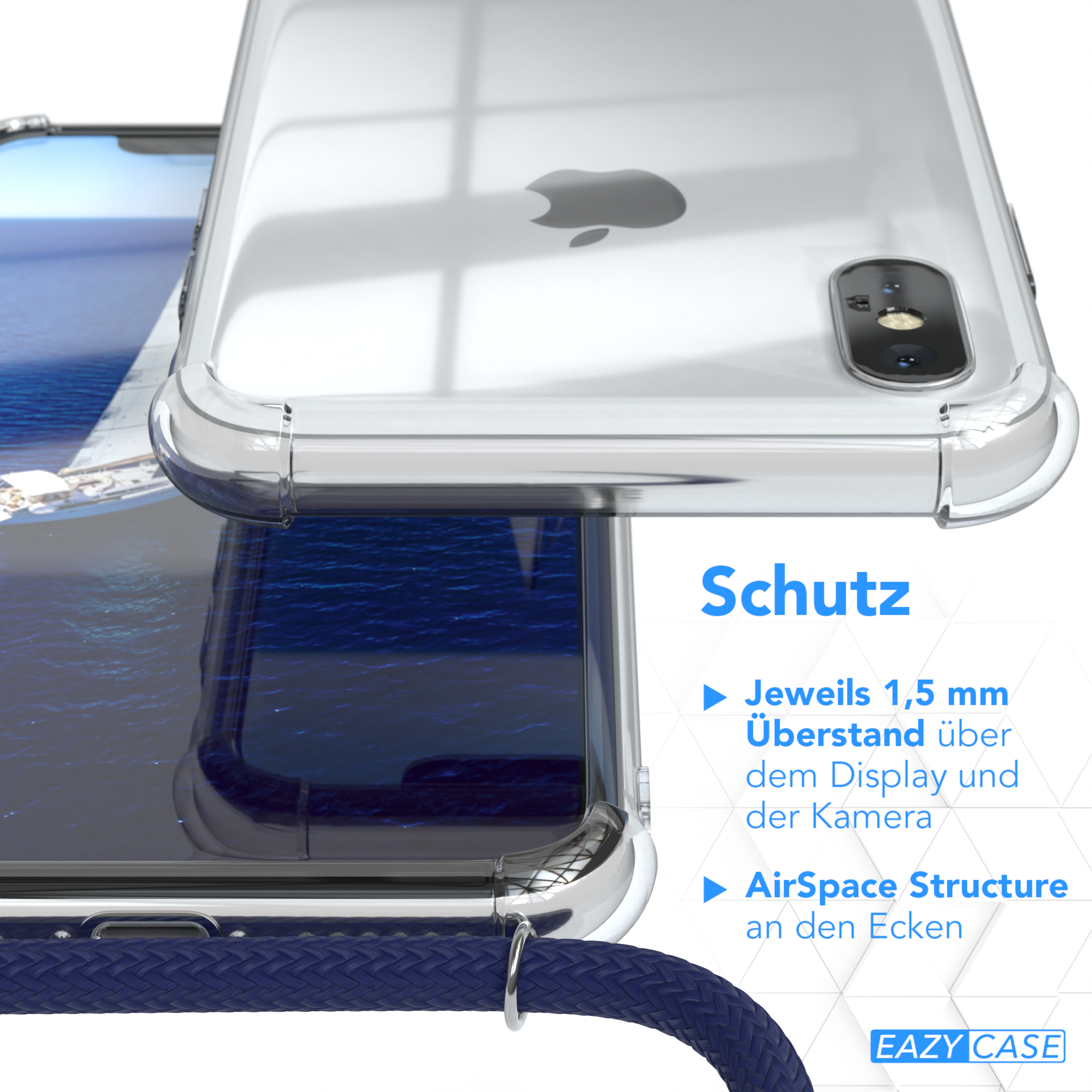 Transparente Handyhülle mit Telefon und Lanyard. Nahaufnahmedetails der Hülle.