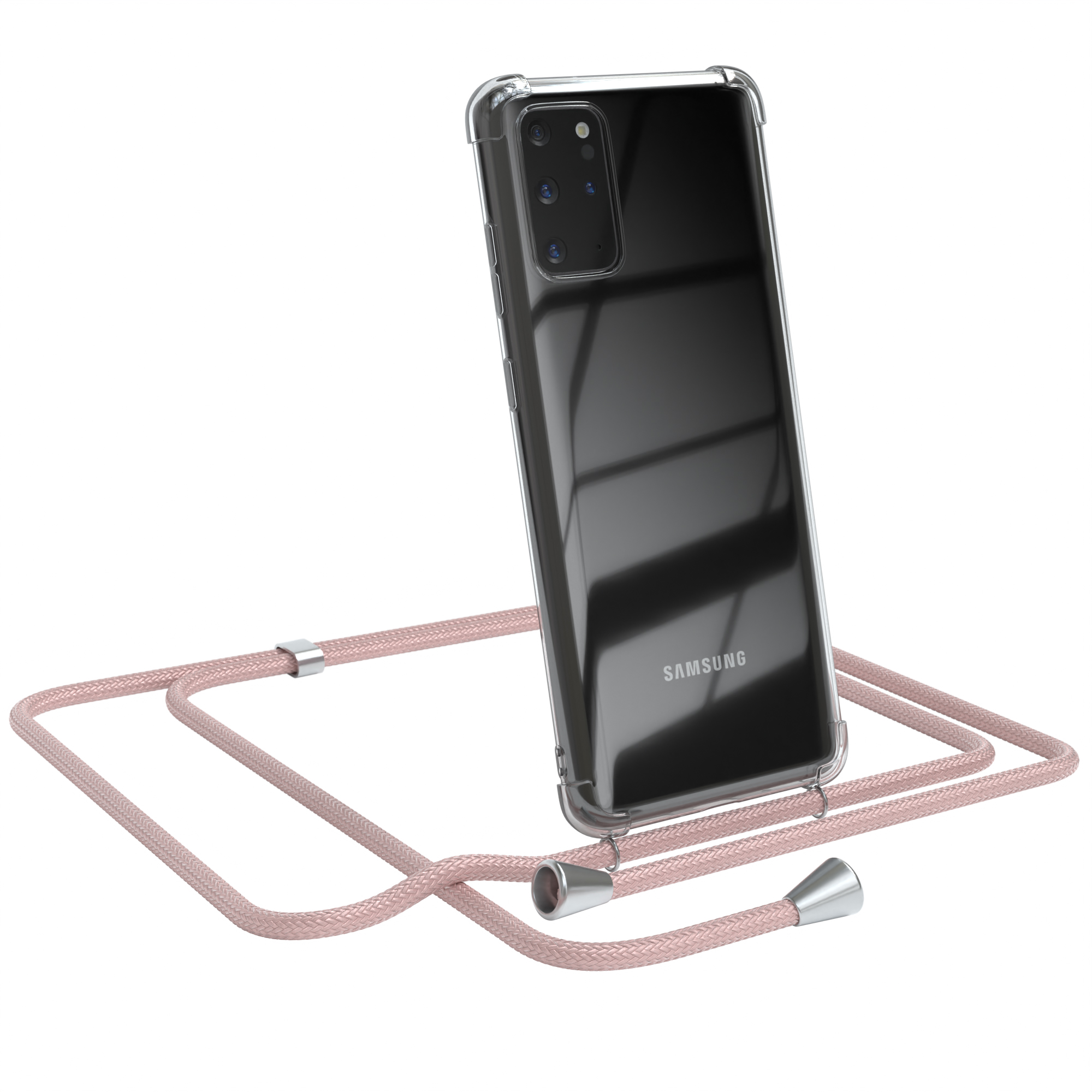 Transparente Handyhülle mit pinkfarbenem Umhängeband, Samsung-Logo. Weißer Hintergrund.