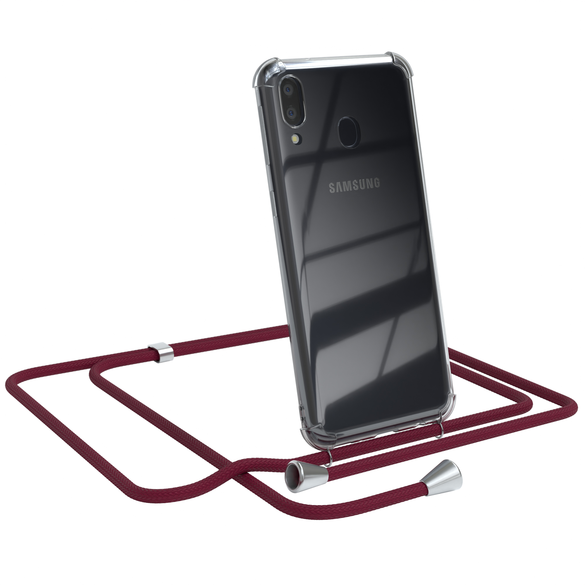 Transparente Handyhülle mit rotem Band. Telefon hat Rückkameras.