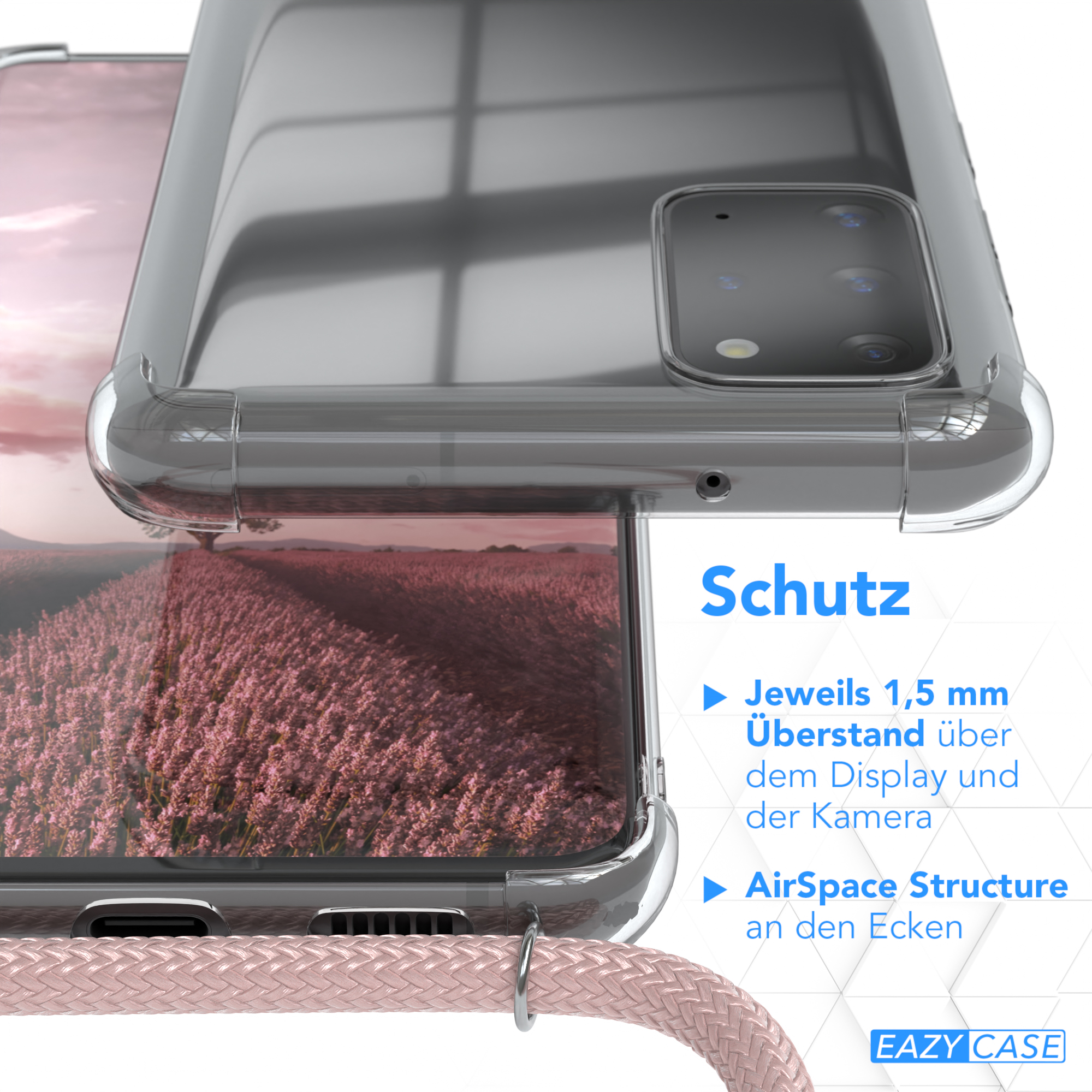 Nahaufnahme einer Handyhülle. Klare Hülle mit Kordel, mit Text, der Schutz und Struktur angibt.