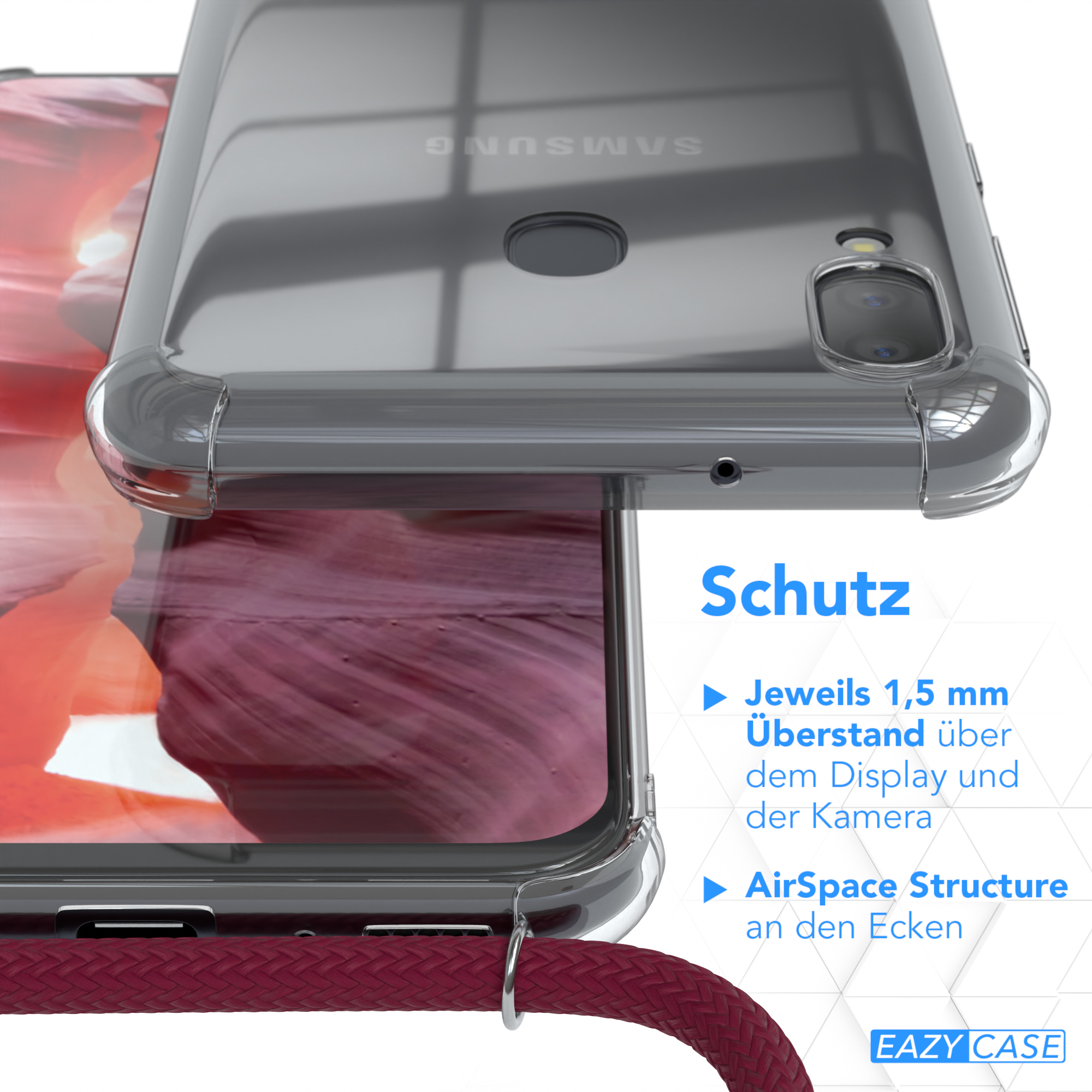 Klare Handyhülle über einem Telefon. Text: Schutz. Merkmale: 1,5 mm Display- & Kameraschutz, AirSpace Structure.