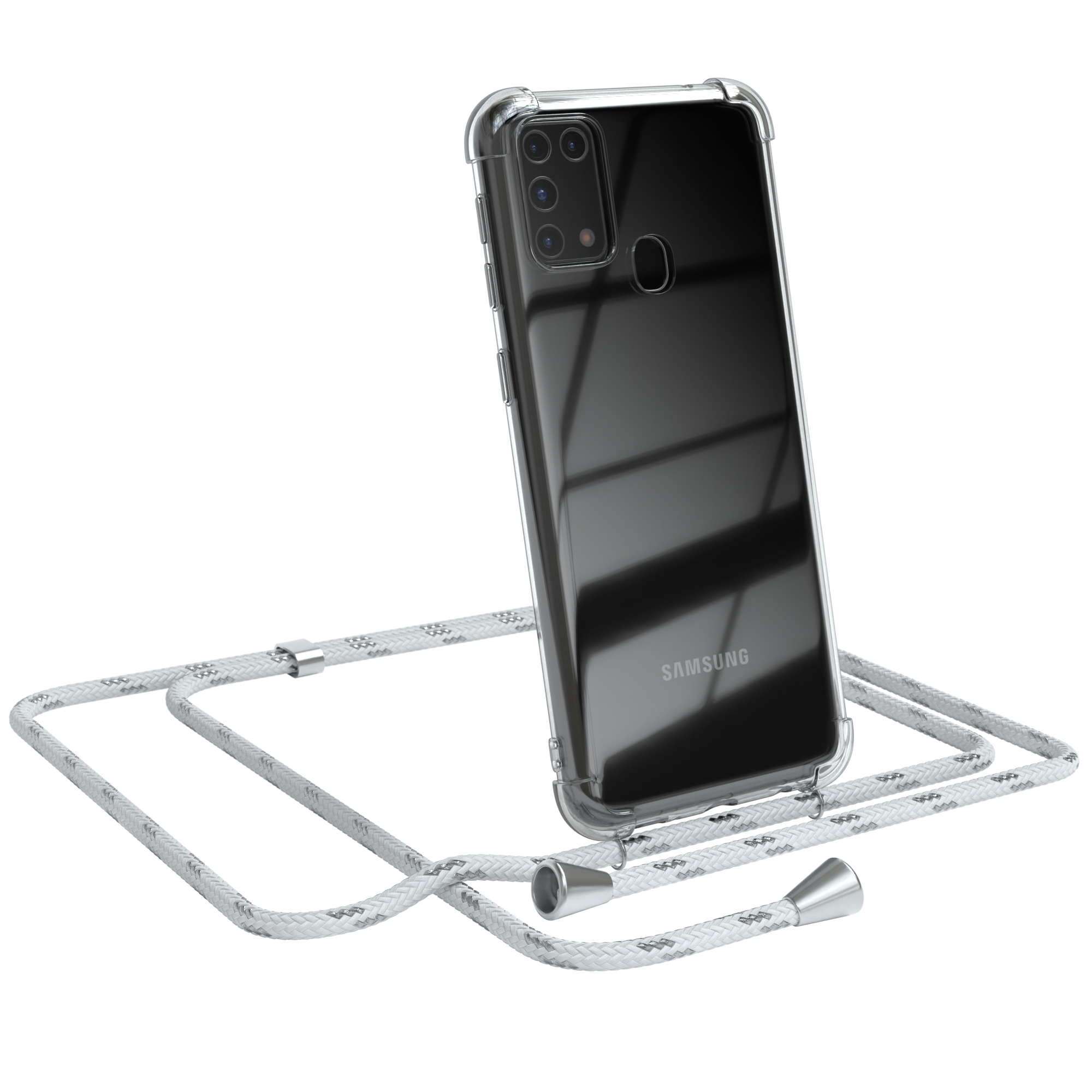 Ein Telefon in einer transparenten Hülle mit einem weißen Kabel. Weißer Hintergrund.