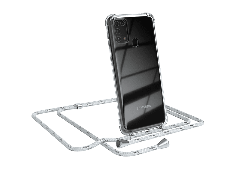 EAZY CASE Clear Cover mit Umhängeband, Umhängetasche, Samsung, Galaxy M31, Weiß / Clips Silber