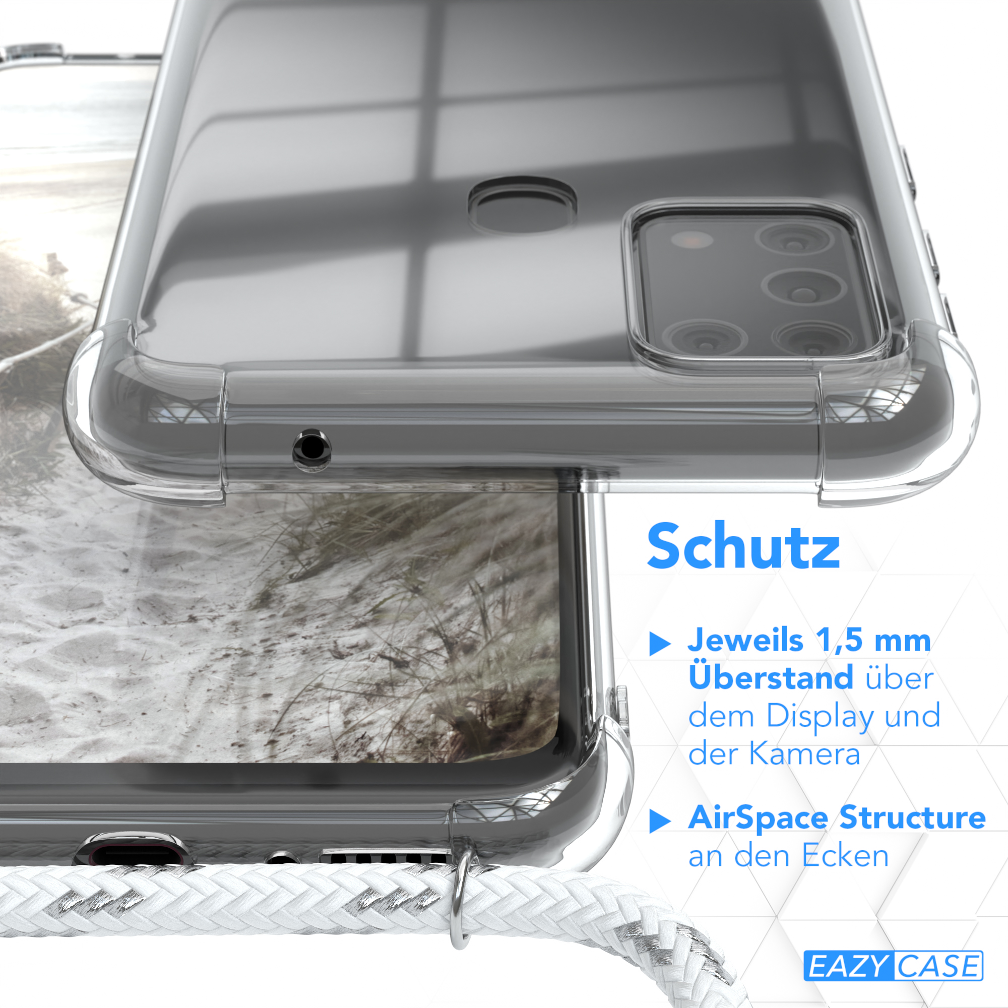 Transparente Handyhülle auf einem Telefon mit weißer Kordel. Text auf Deutsch.