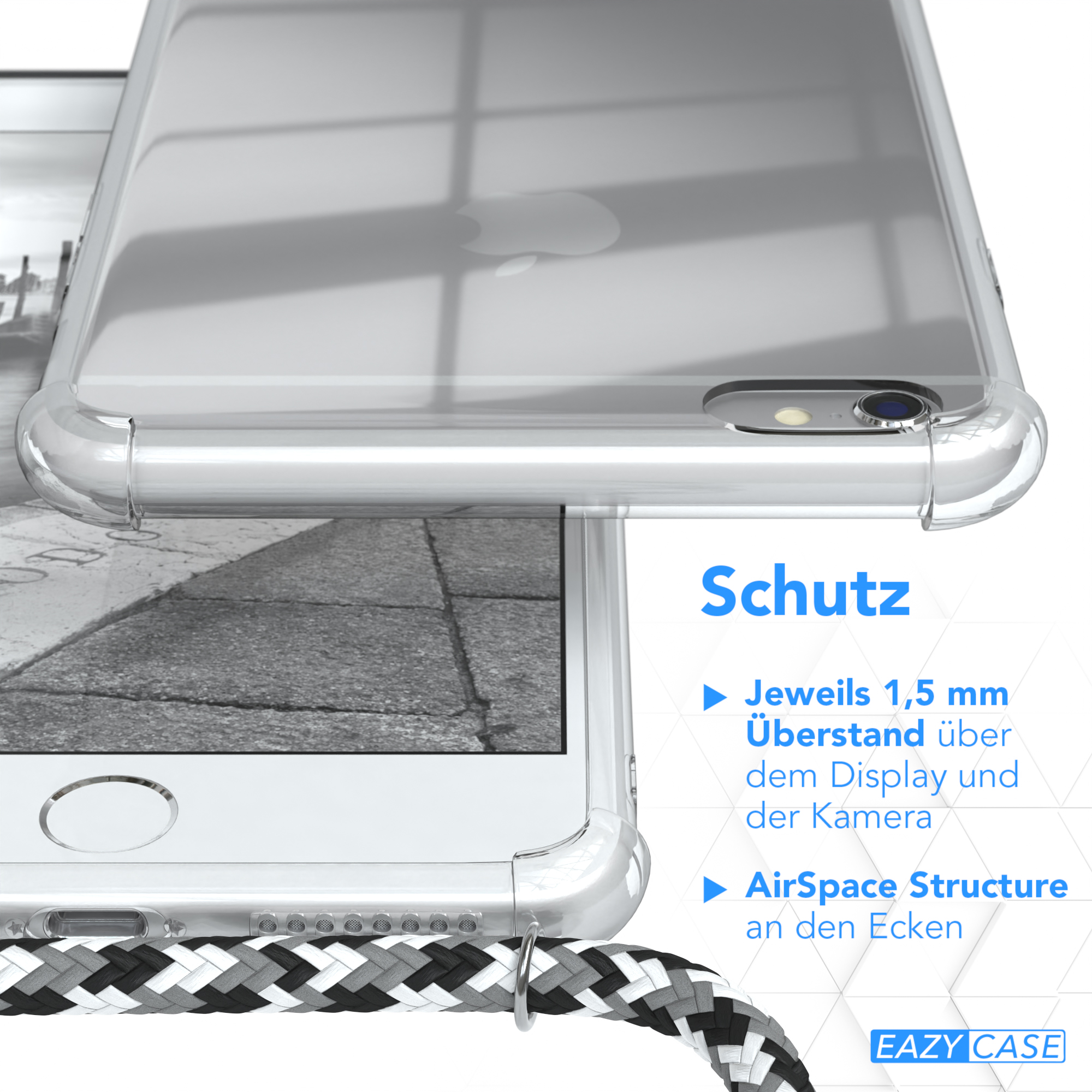Klare Handyhülle auf einem Telefon. Text: Schutz, 1,5 mm über dem Display, AirSpace-Struktur.