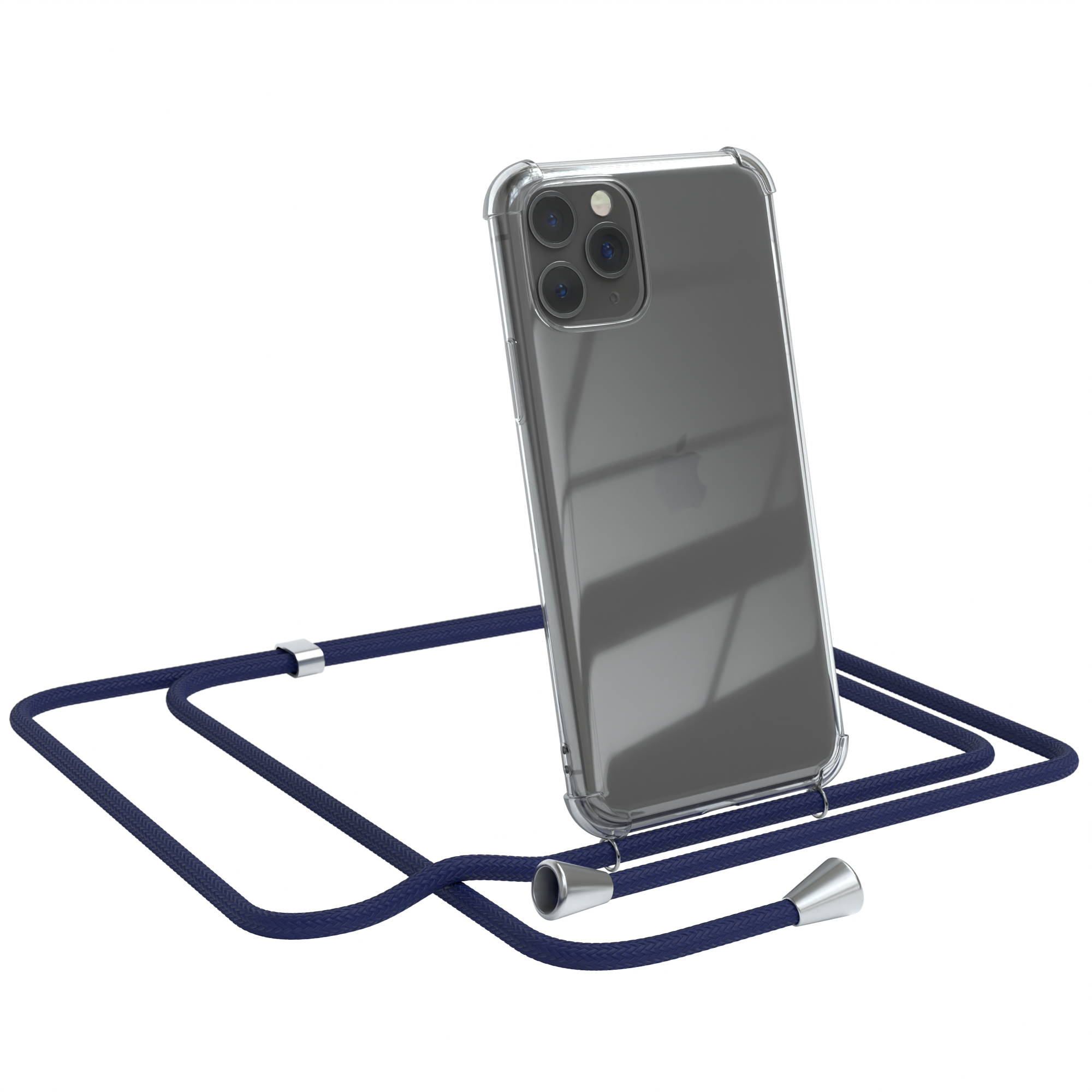 Transparente Handyhülle mit marineblauem Band. Das Telefon ist abgewinkelt, die Rückseite zeigend.