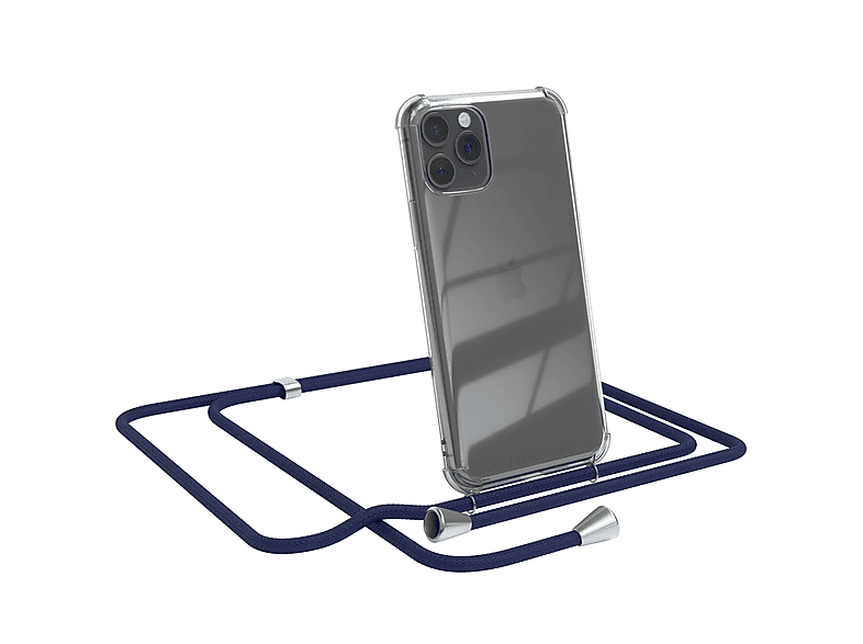EAZY CASE Clear Cover mit Umhängeband, Umhängetasche, Apple, iPhone 11 Pro, Blau / Clips Silber