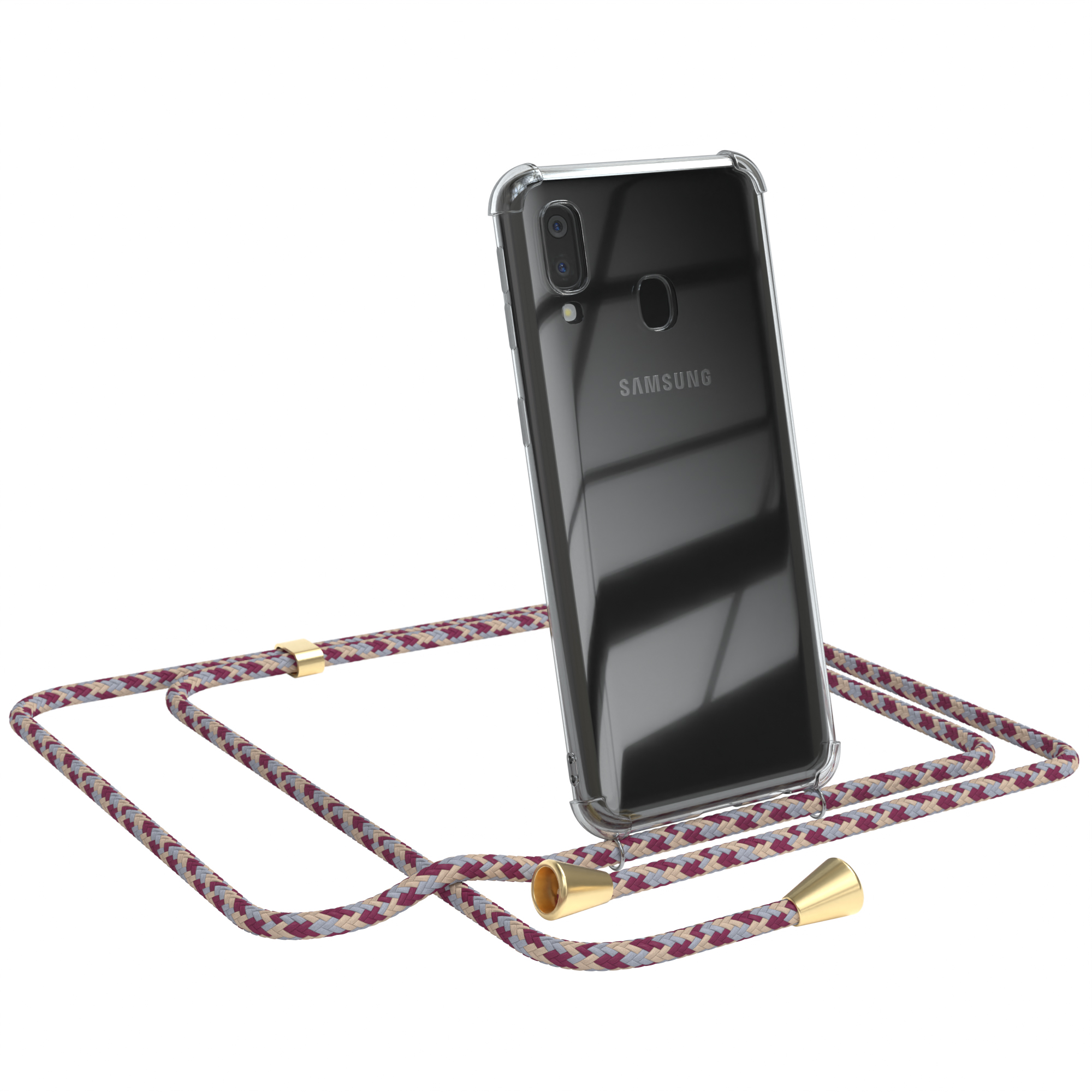 Transparente Handyhülle mit weinrotem Band. Samsung-Logo sichtbar. Weißer Hintergrund.