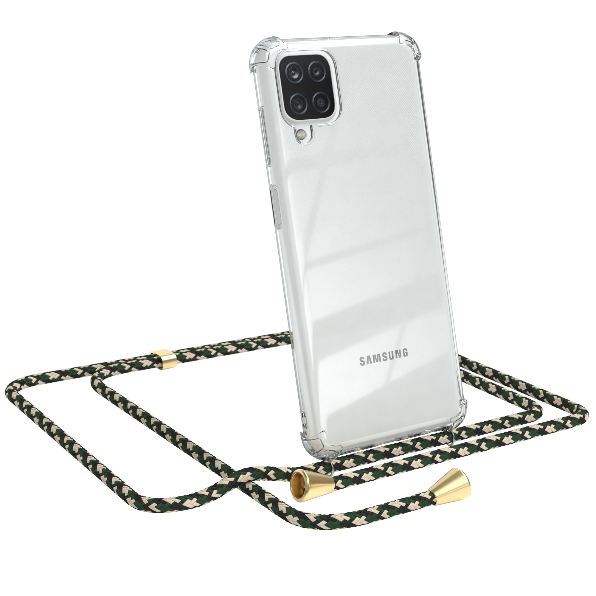 Ein Telefon in einer transparenten Hülle mit grün-beigem Riemen. Das Telefon lehnt sich. Samsung-Logo sichtbar.