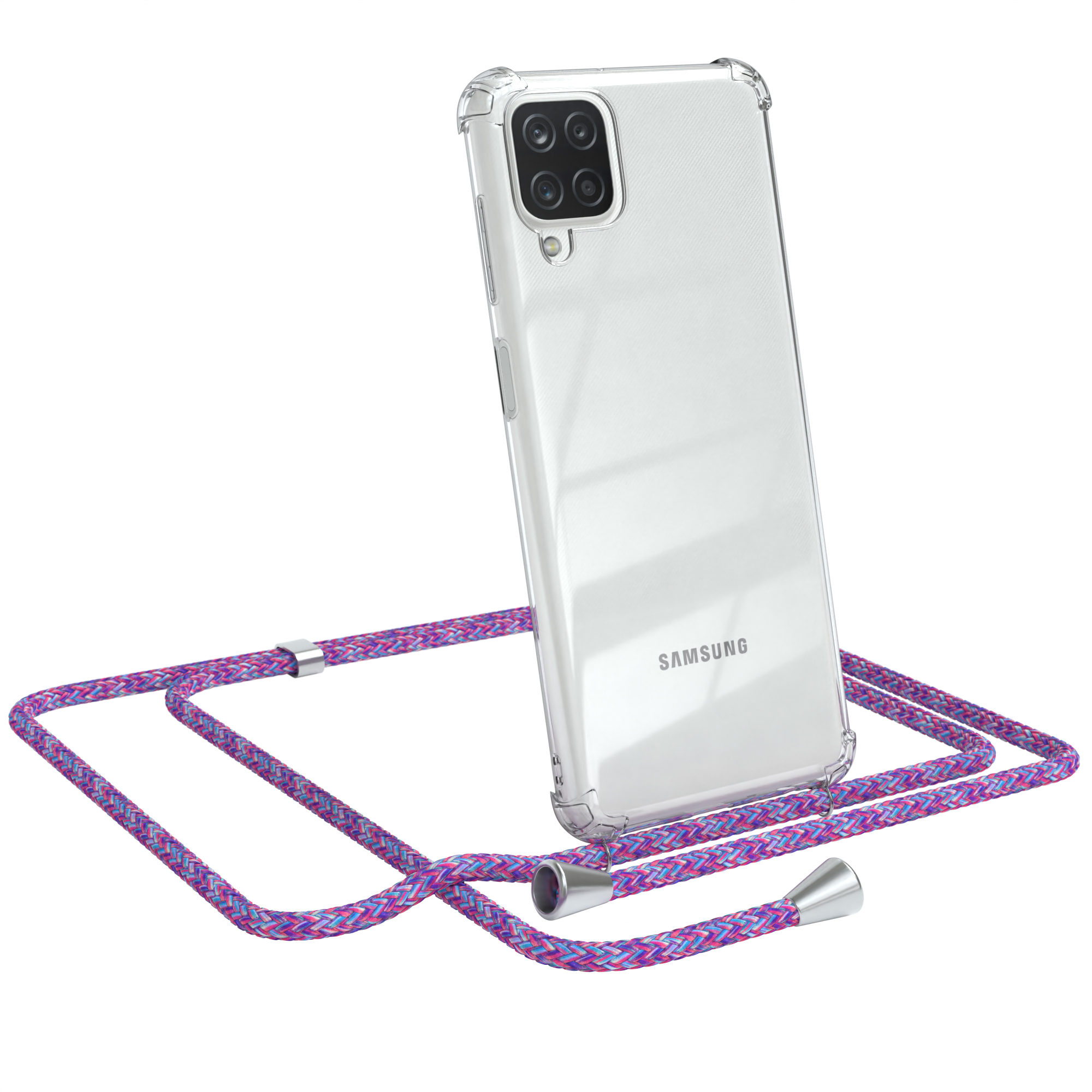 Transparente Handyhülle mit lila Umhängeband. Samsung Logo sichtbar.