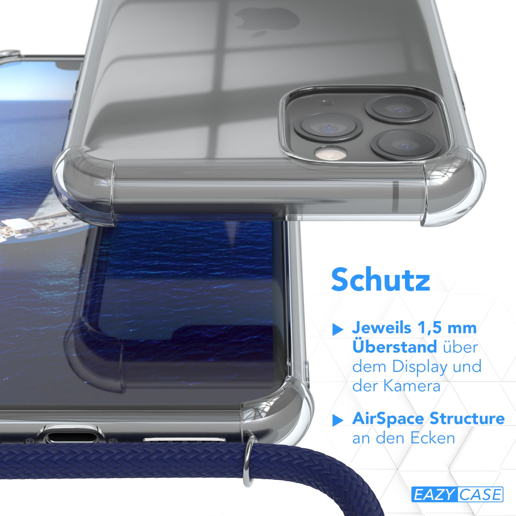 Transparente Handyhülle auf einem Telefon. Nahaufnahme der Schutzfunktion.