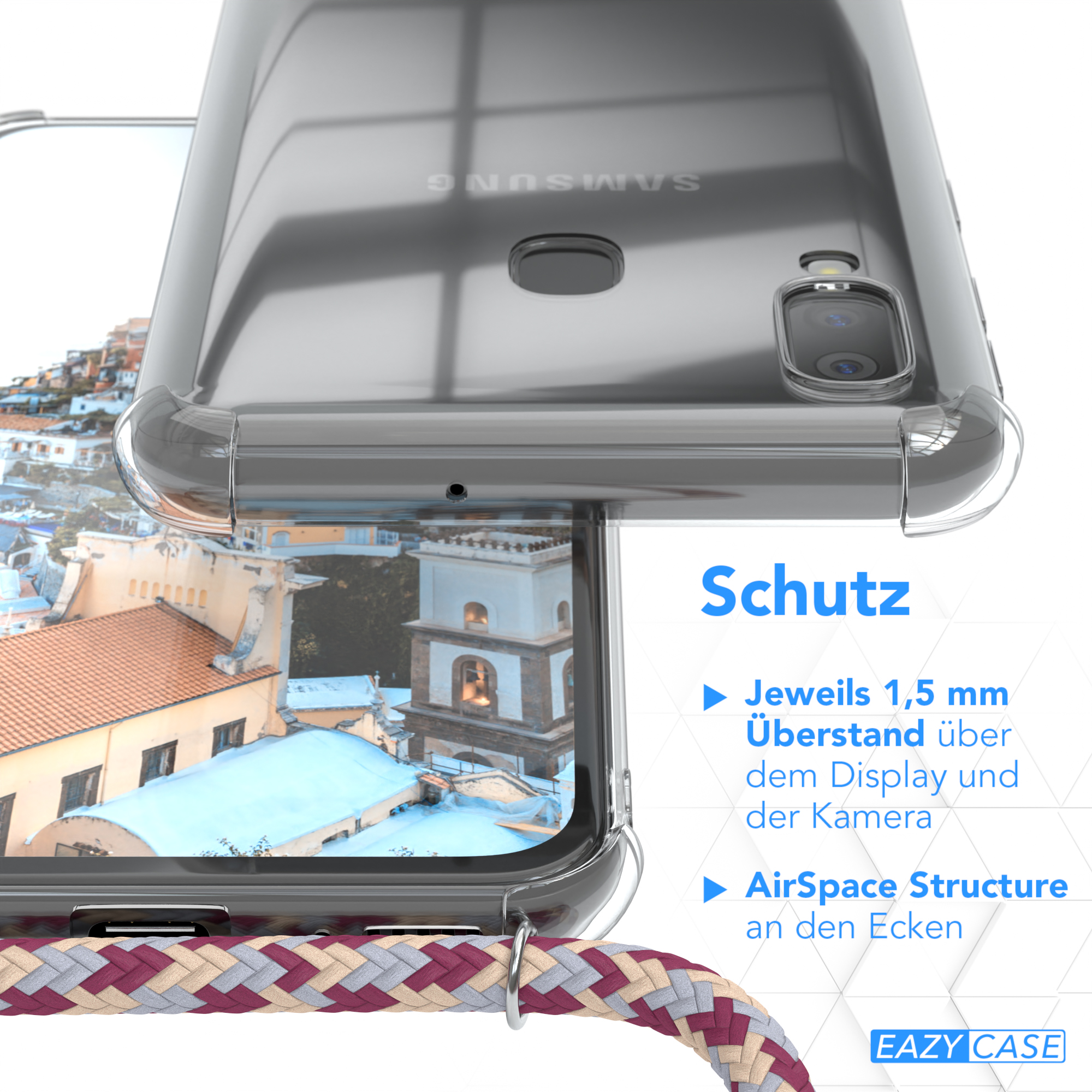 Nahaufnahme einer Handyhülle über dem Telefon. Zeigt Details der Hülle und des Telefons.