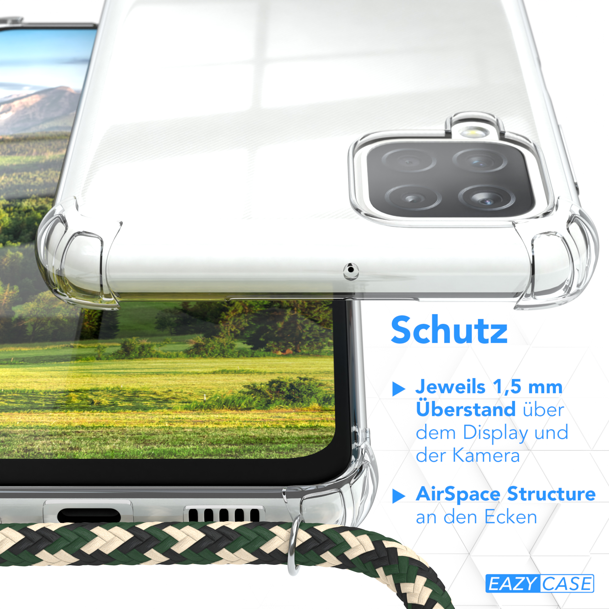 Nahaufnahme einer Handyhülle mit Text über Schutz. Ein strukturierter Riemen ist sichtbar.