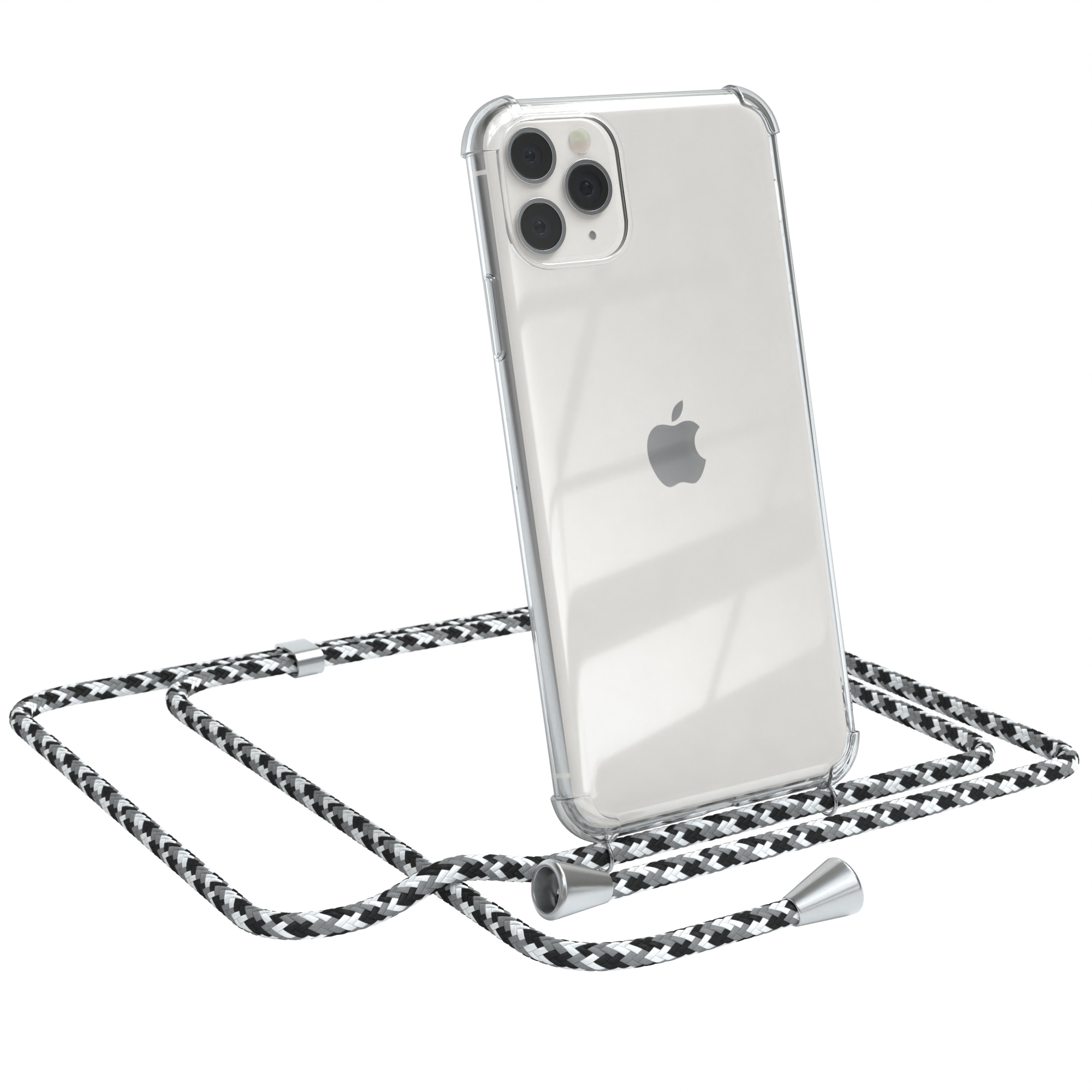 iPhone in klarer Hülle mit schwarz-weißem Umhängeband. Telefon lehnt an der Schnur.