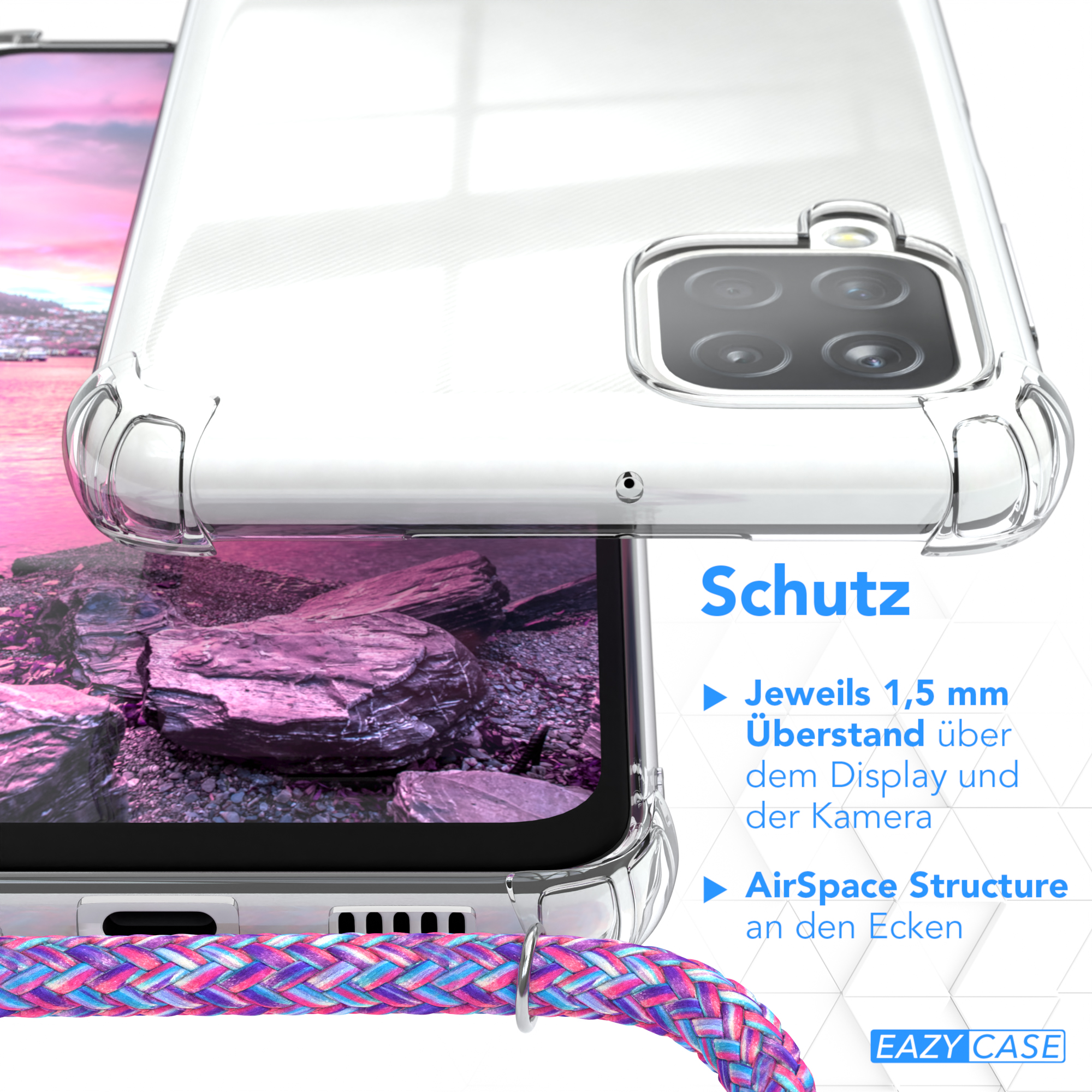 EAZY CASE Umhängetasche, Clear Clips Samsung, Umhängeband, mit Lila A12, / Galaxy Cover Silber