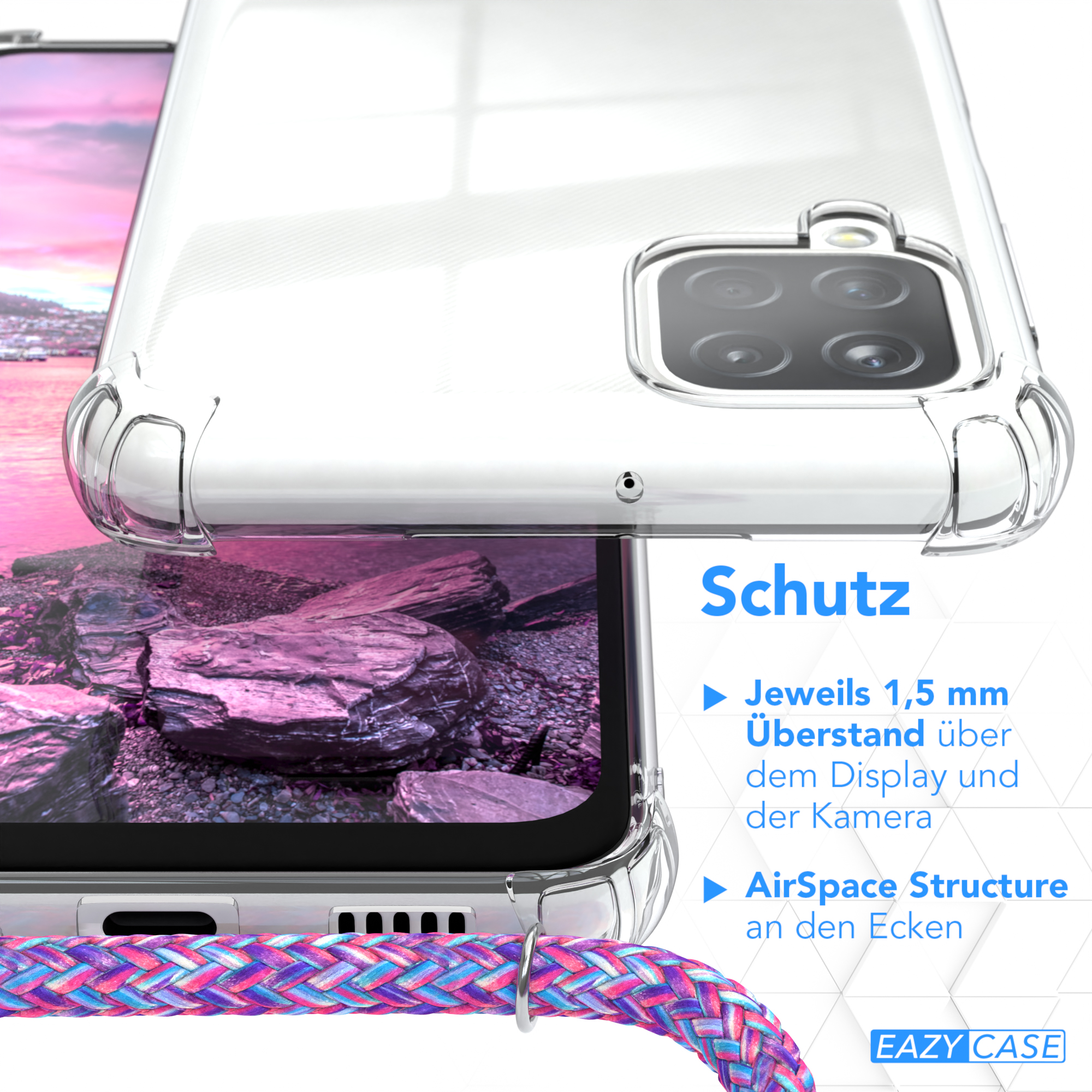 Transparente Handyhülle mit farbenfrohem Band. Der Hintergrund ist eine Nahaufnahme von lila und rosa Felsen.