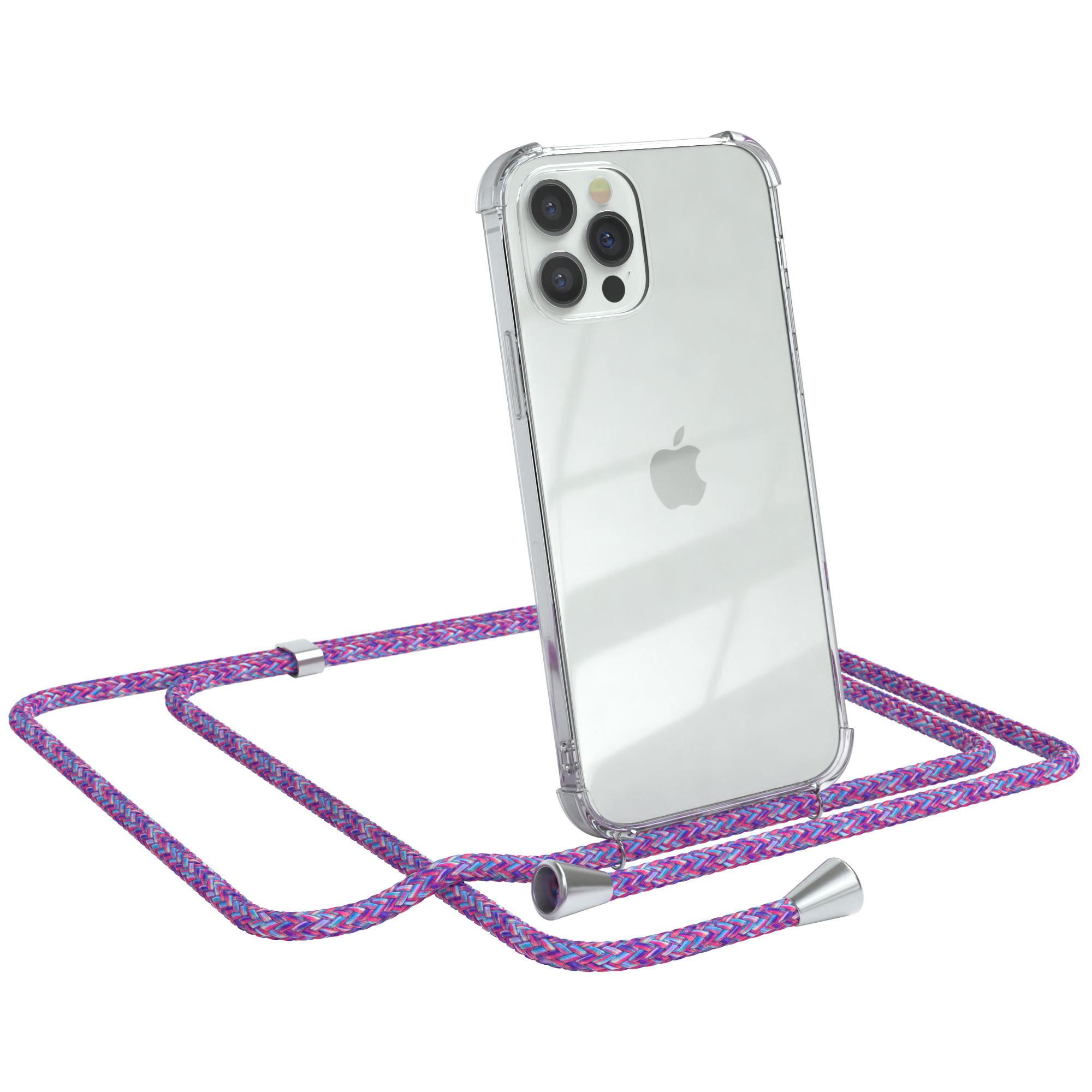 iPhone in einer transparenten Hülle mit farbigem Umhängeband. Weißer Hintergrund.