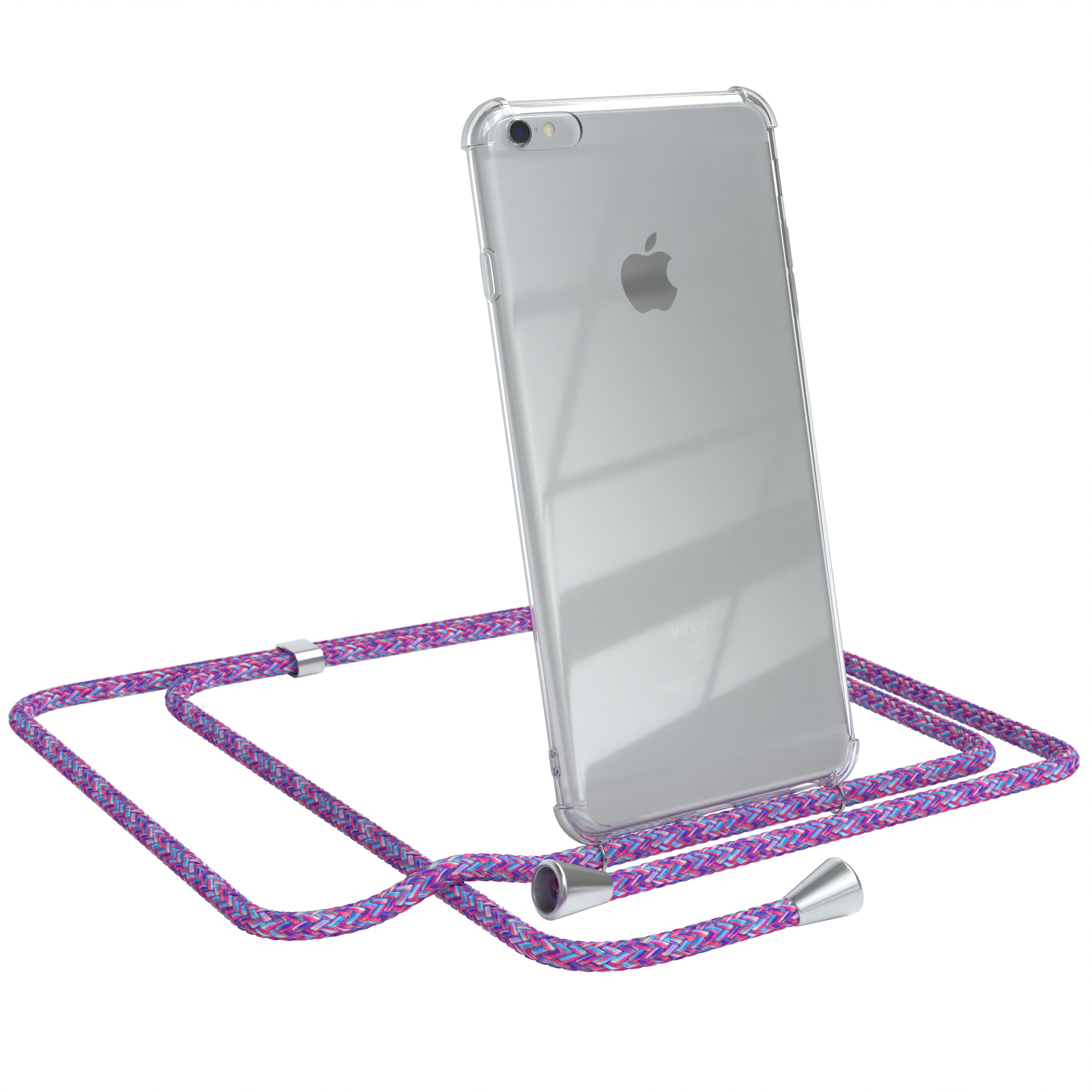 EAZY CASE Clear Cover mit Plus Umhängeband, Silber iPhone Apple, / Lila Plus, Clips 6 6S / Umhängetasche