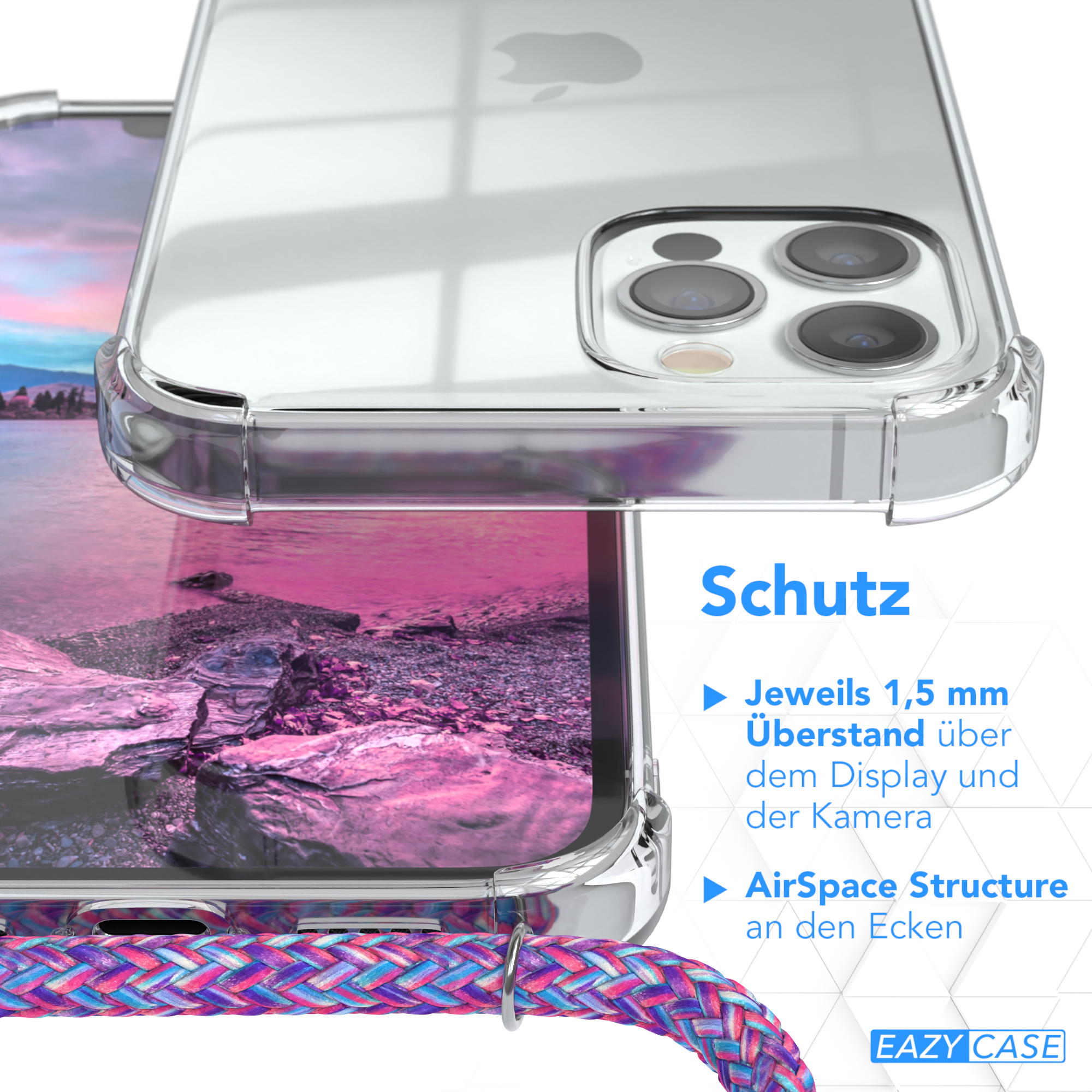 Transparente Handyhülle mit buntem Gurt, zeigt Bildschirm. Text: Schutz, 1,5 mm Displayrand.