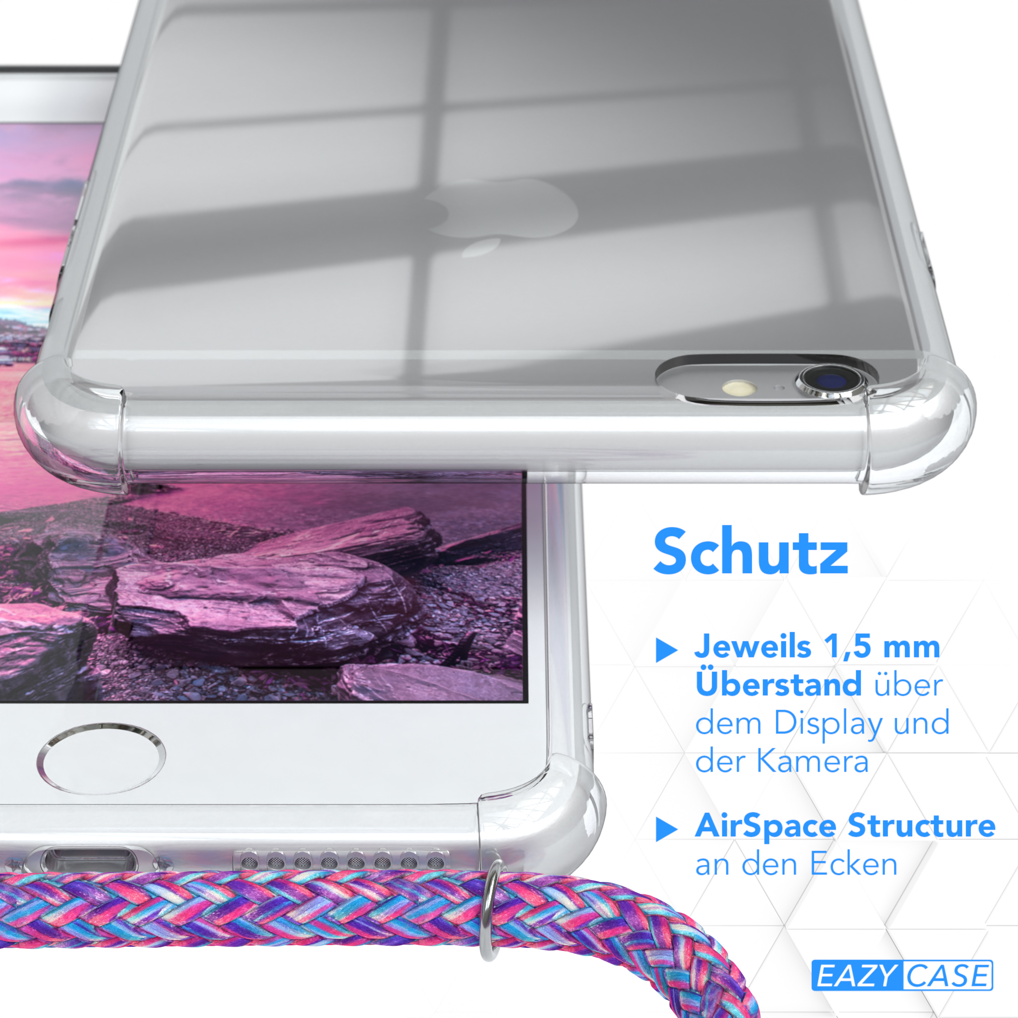 Klare Handyhülle-Details, mit Text: Schutz, AirSpace Structure, 1,5 mm Display-Abdeckung.