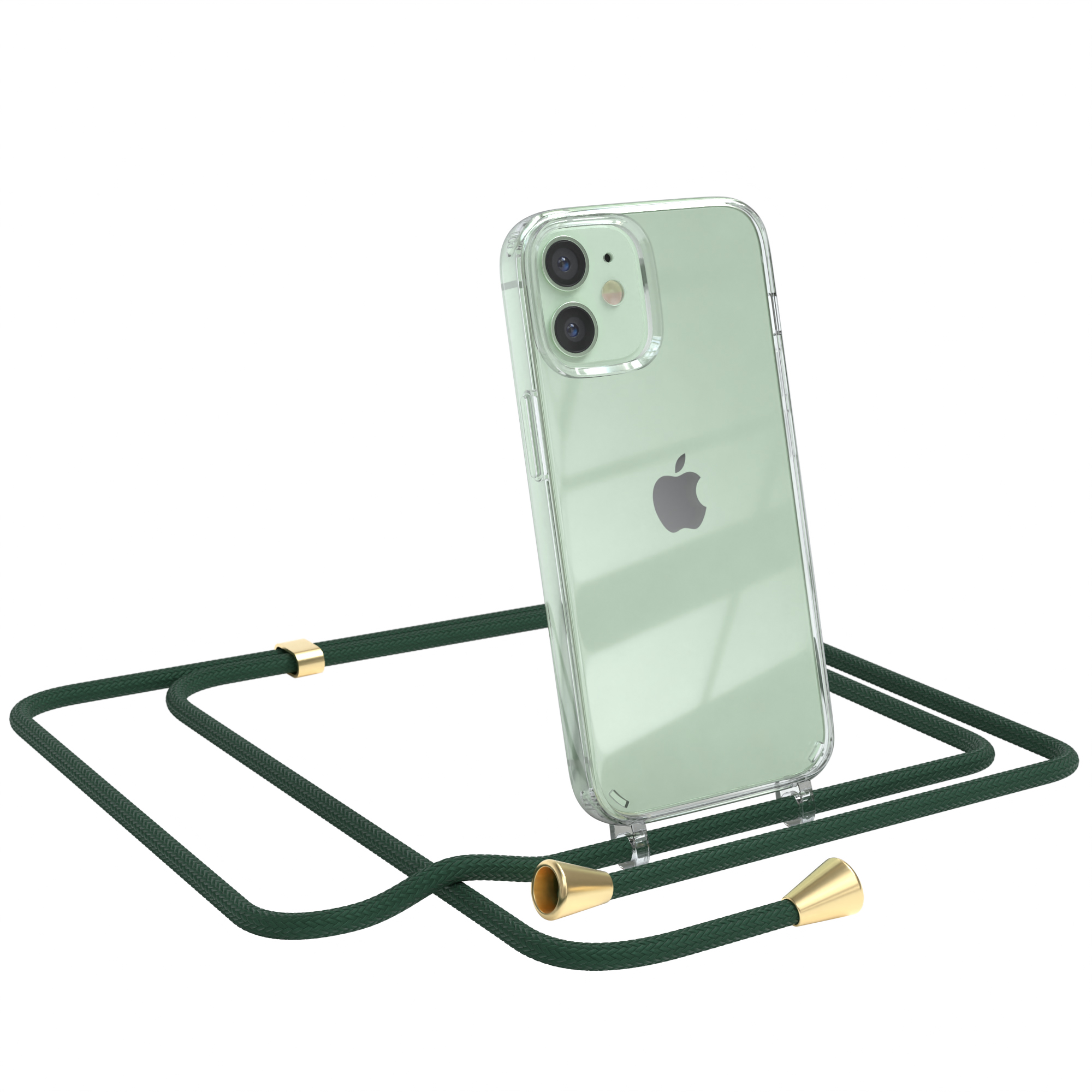 Umhängeband, 12 Grün mit Apple, Clips Gold Umhängetasche, Mini, Cover Clear iPhone EAZY / CASE