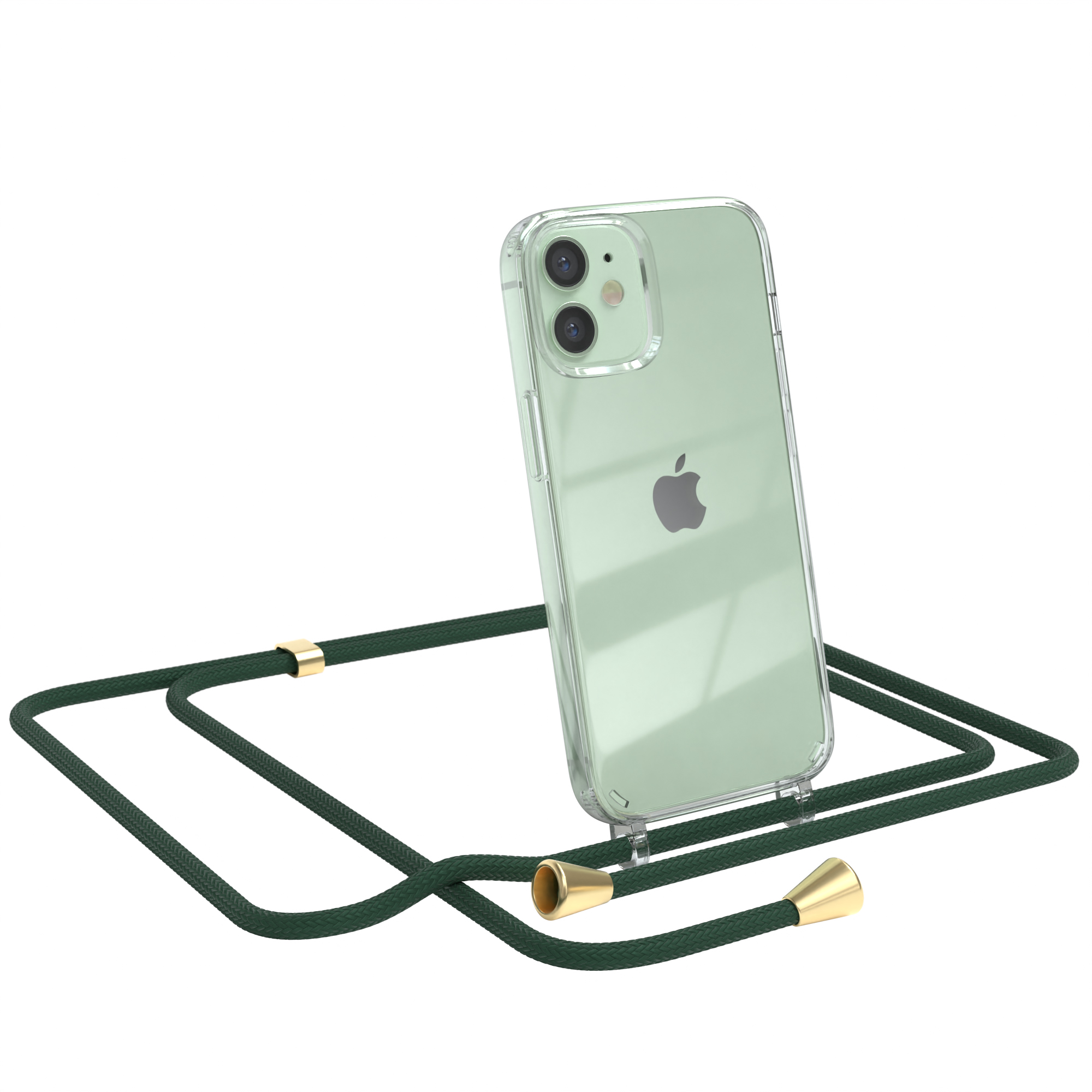 Klare Handyhülle mit grünem Schlüsselband, Telefon angewinkelt. Apple-Logo sichtbar.
