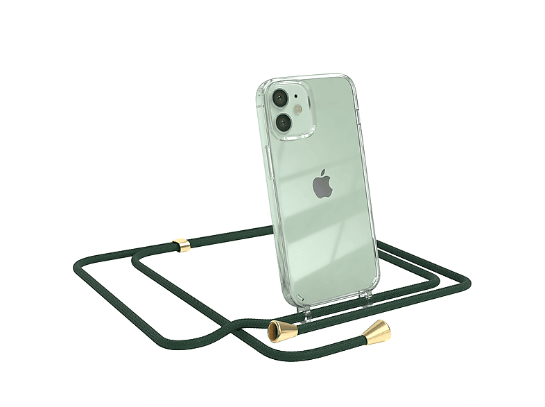 EAZY CASE Clear Cover mit Umhängeband, Umhängetasche, Apple, iPhone 12 Mini, Grün / Clips Gold